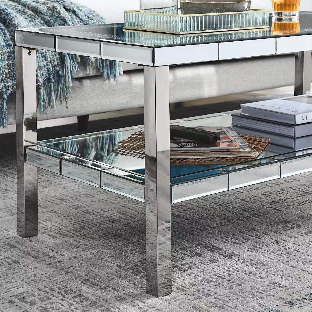 W 39.5" X D 19.5"X H 19.5" 2-layer crystal mirror stainless steel frame coffee table for use in offices, shops, living r image 5