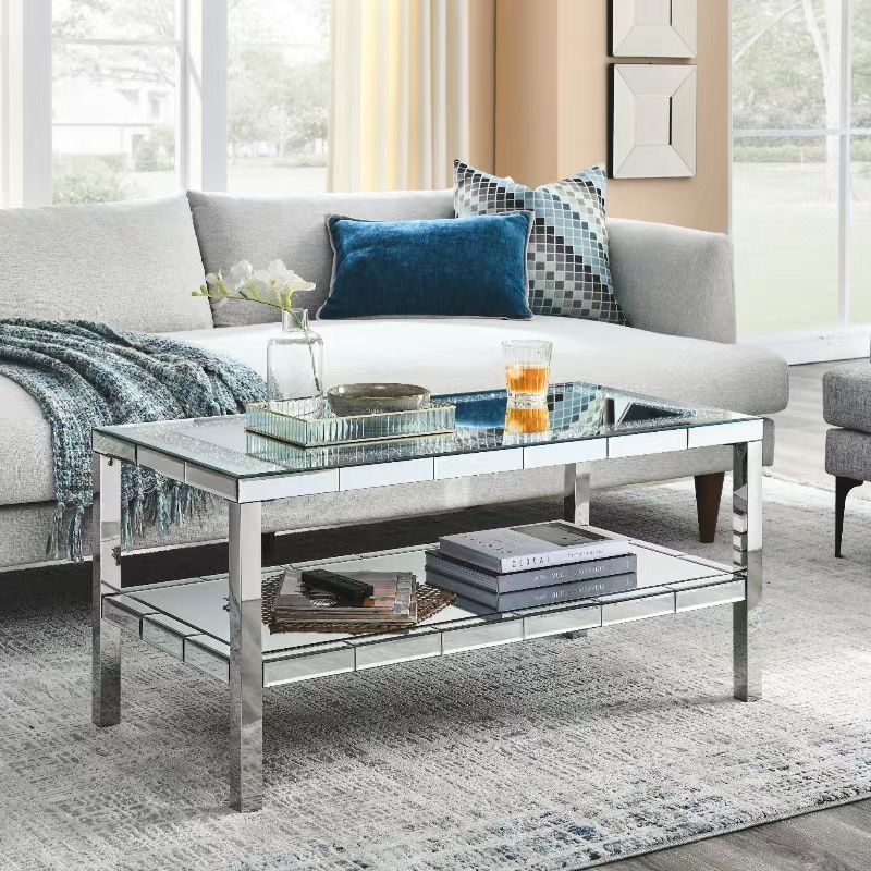 W 39.5" X D 19.5"X H 19.5" 2-layer crystal mirror stainless steel frame coffee table for use in offices, shops, living r image 1