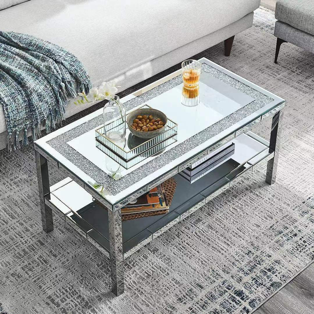 W 39.5" X D 19.5"X H 19.5" 2-layer crystal mirror stainless steel frame coffee table for use in offices, shops, living r image 2