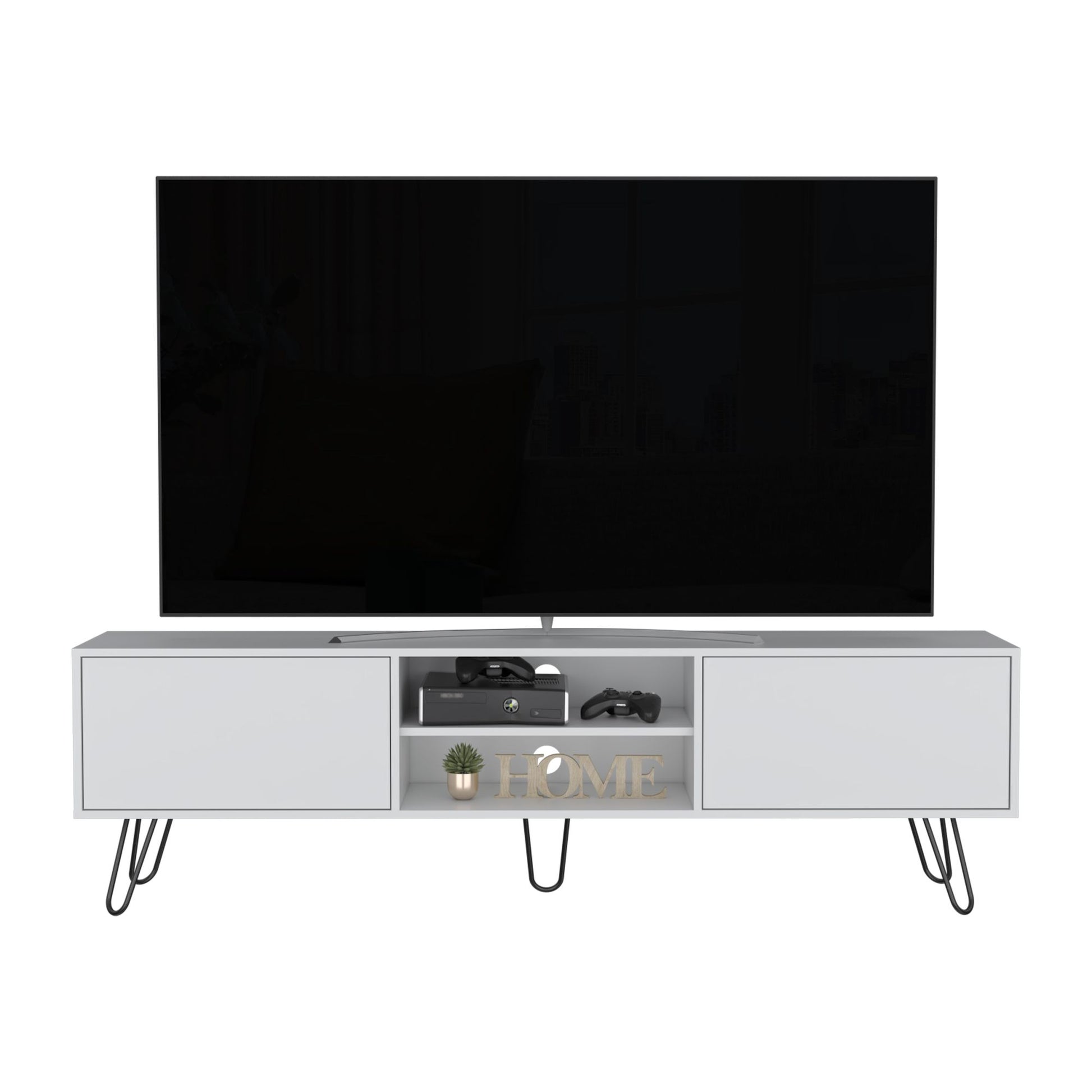 Waco TV Rack, Hairpin Stand with Spacious Storage and Cable Management Holes, White image 5