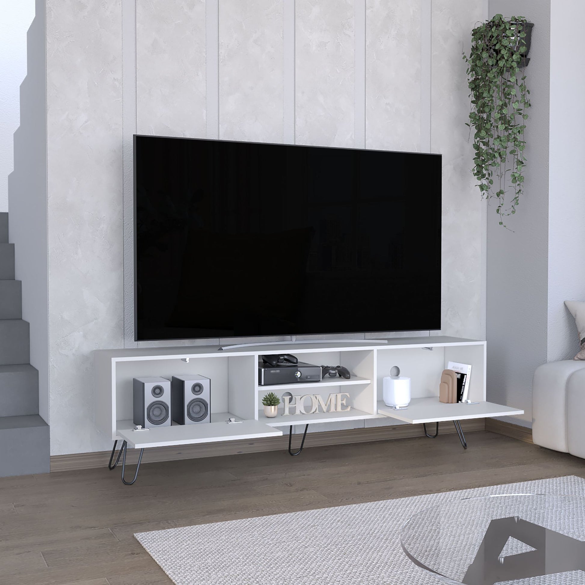 Waco TV Rack, Hairpin Stand with Spacious Storage and Cable Management Holes, White image 3