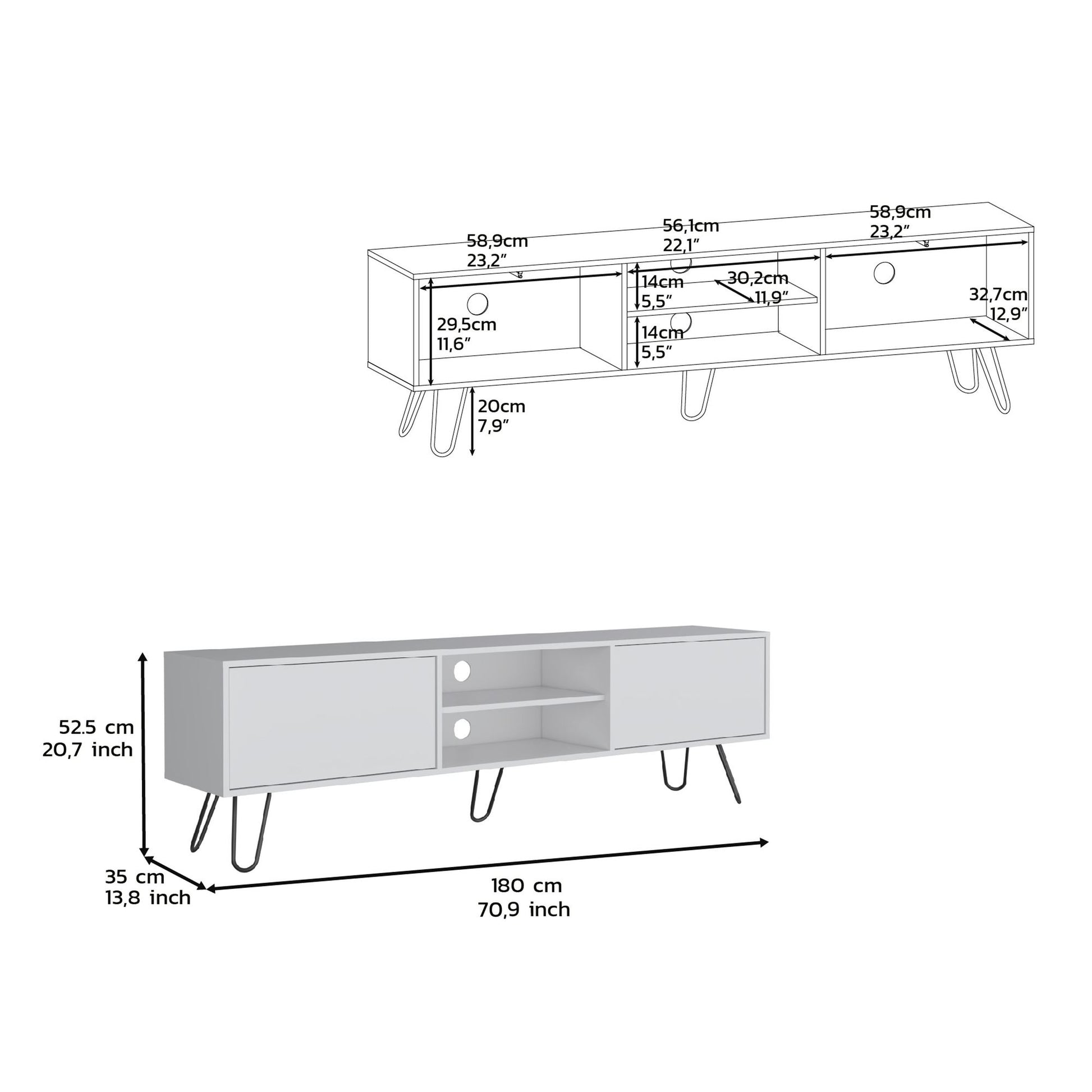 Waco TV Rack, Hairpin Stand with Spacious Storage and Cable Management Holes, White image 7