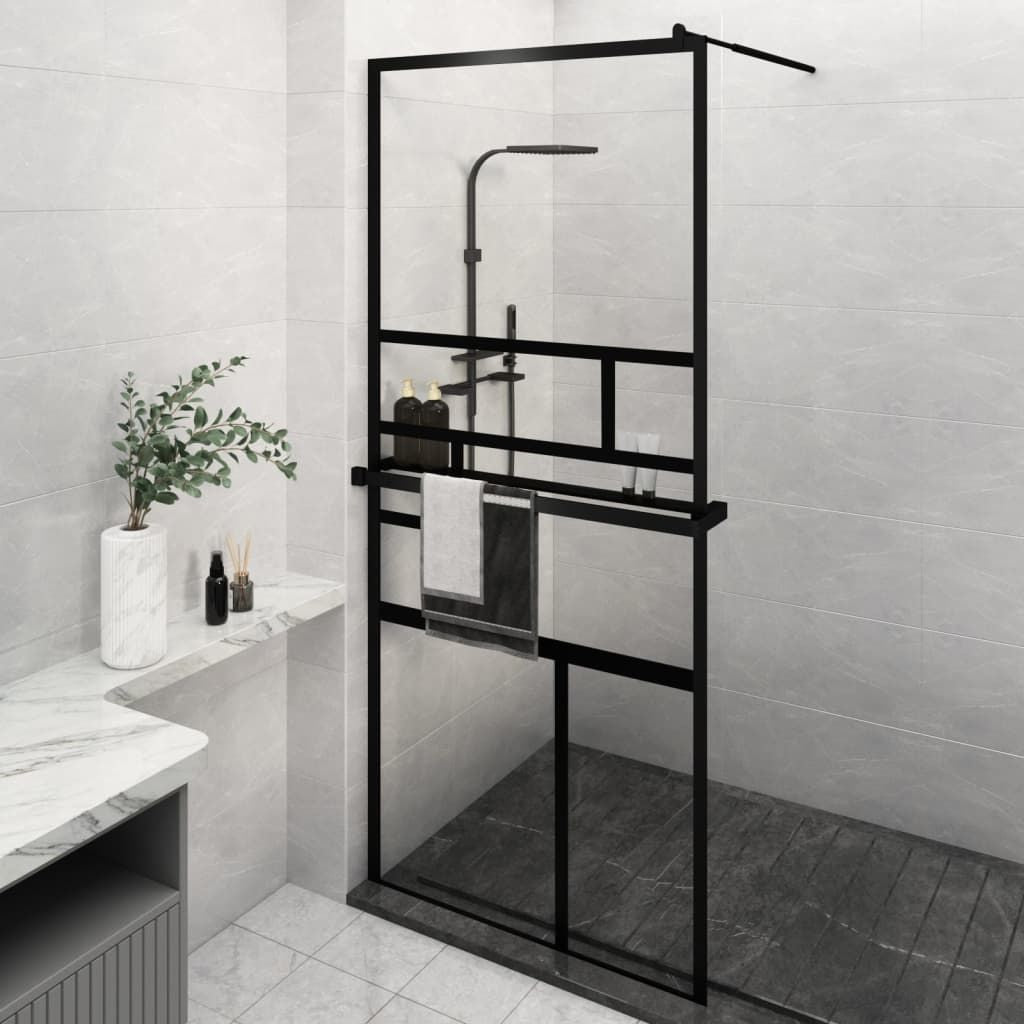 Walk-in Shower Wall with Shelf Black 39.4"x76.8" ESG Glass&Aluminum image 1