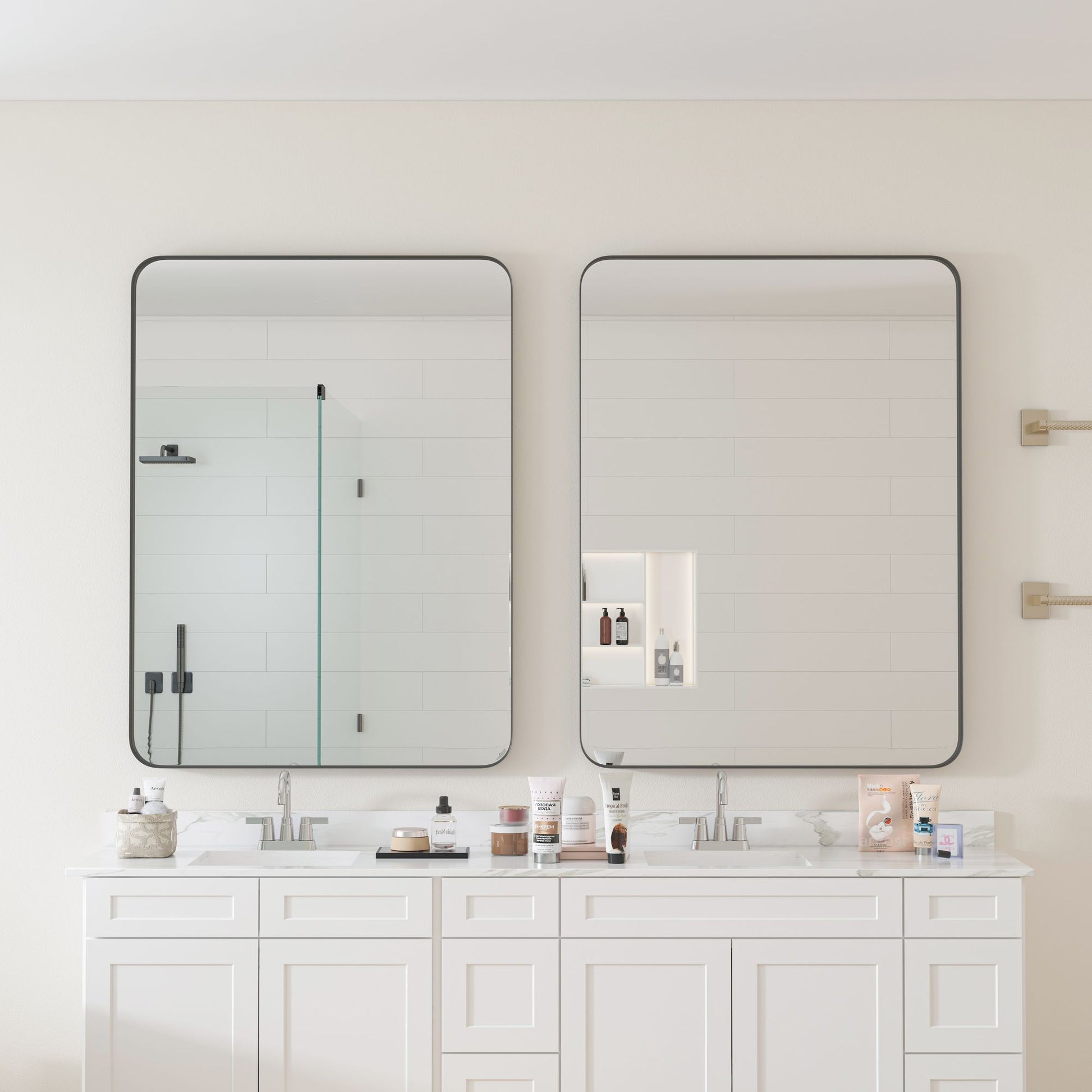 30x40 inch black mirror mounted on bathroom wall