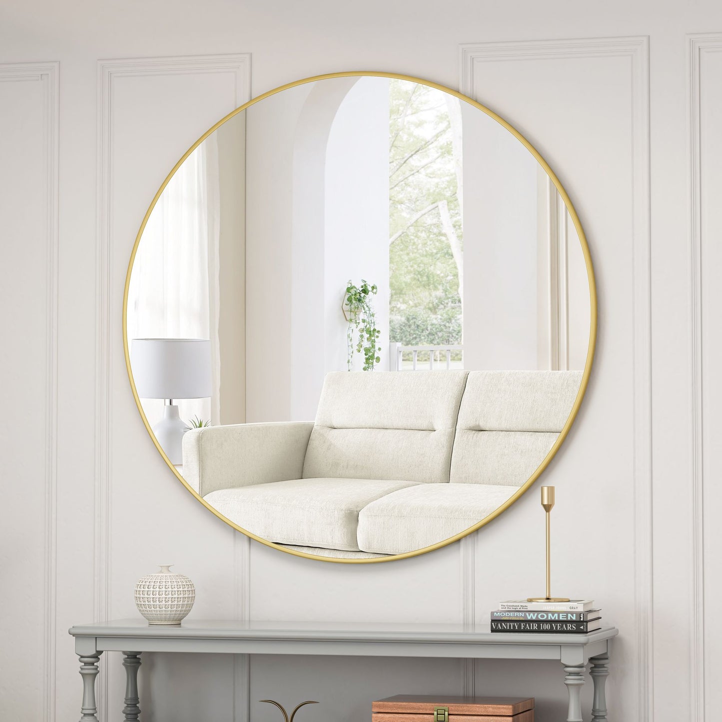 Gold metal framed round vanity mirror 48 inch for living room wall