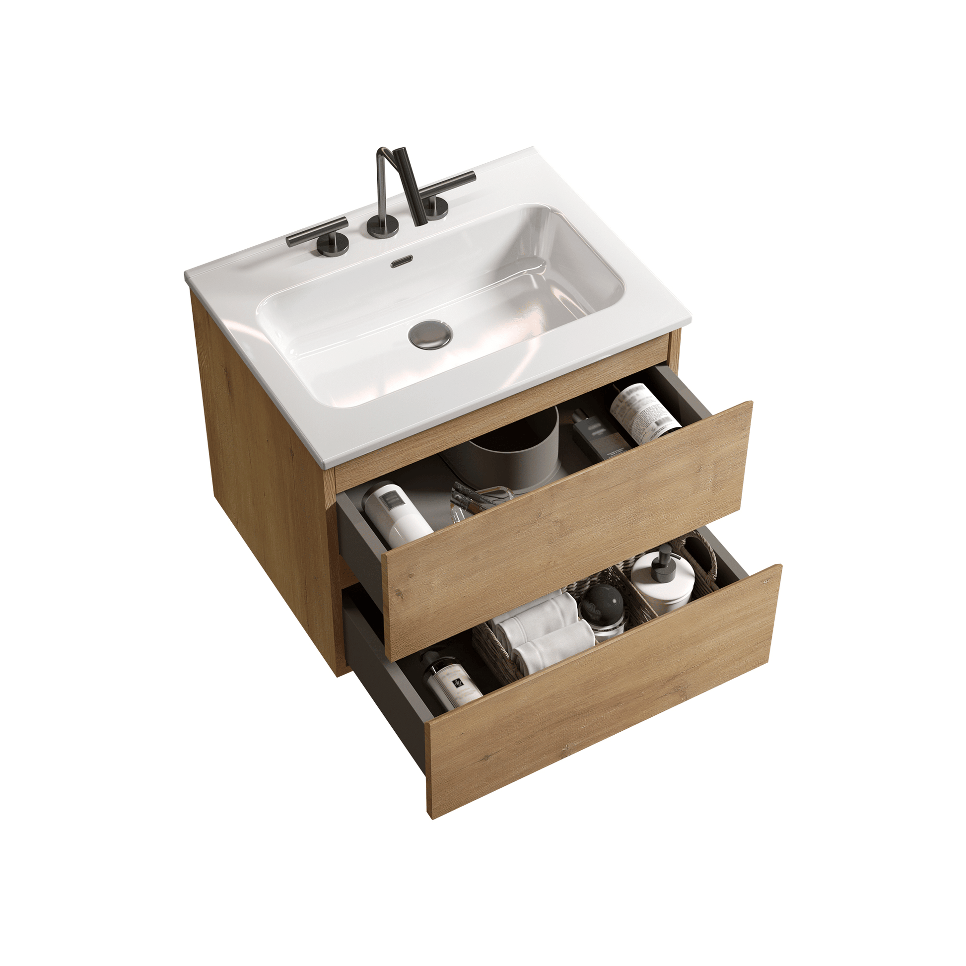 Wall Mount 24" Natural Oak Bathroom Vanity with Ceramic Sink with three faucet holes, Large Storage Floating Bathroom Va image 8