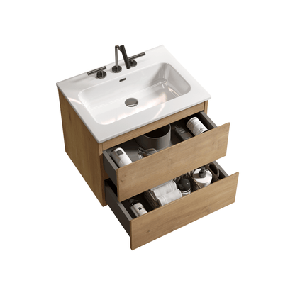Wall Mount 24" Natural Oak Bathroom Vanity with Ceramic Sink with three faucet holes, Large Storage Floating Bathroom Va image 8