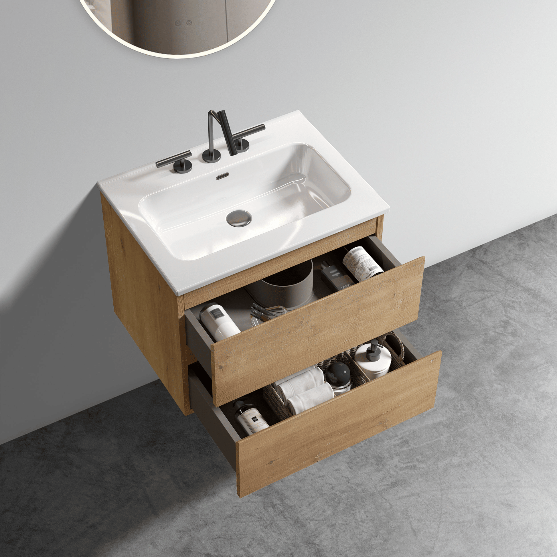 Wall Mount 24" Natural Oak Bathroom Vanity with Ceramic Sink with three faucet holes, Large Storage Floating Bathroom Va image 3