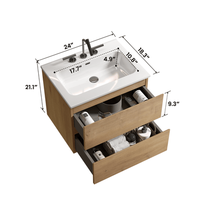 Wall Mount 24" Natural Oak Bathroom Vanity with Ceramic Sink with three faucet holes, Large Storage Floating Bathroom Va image 9