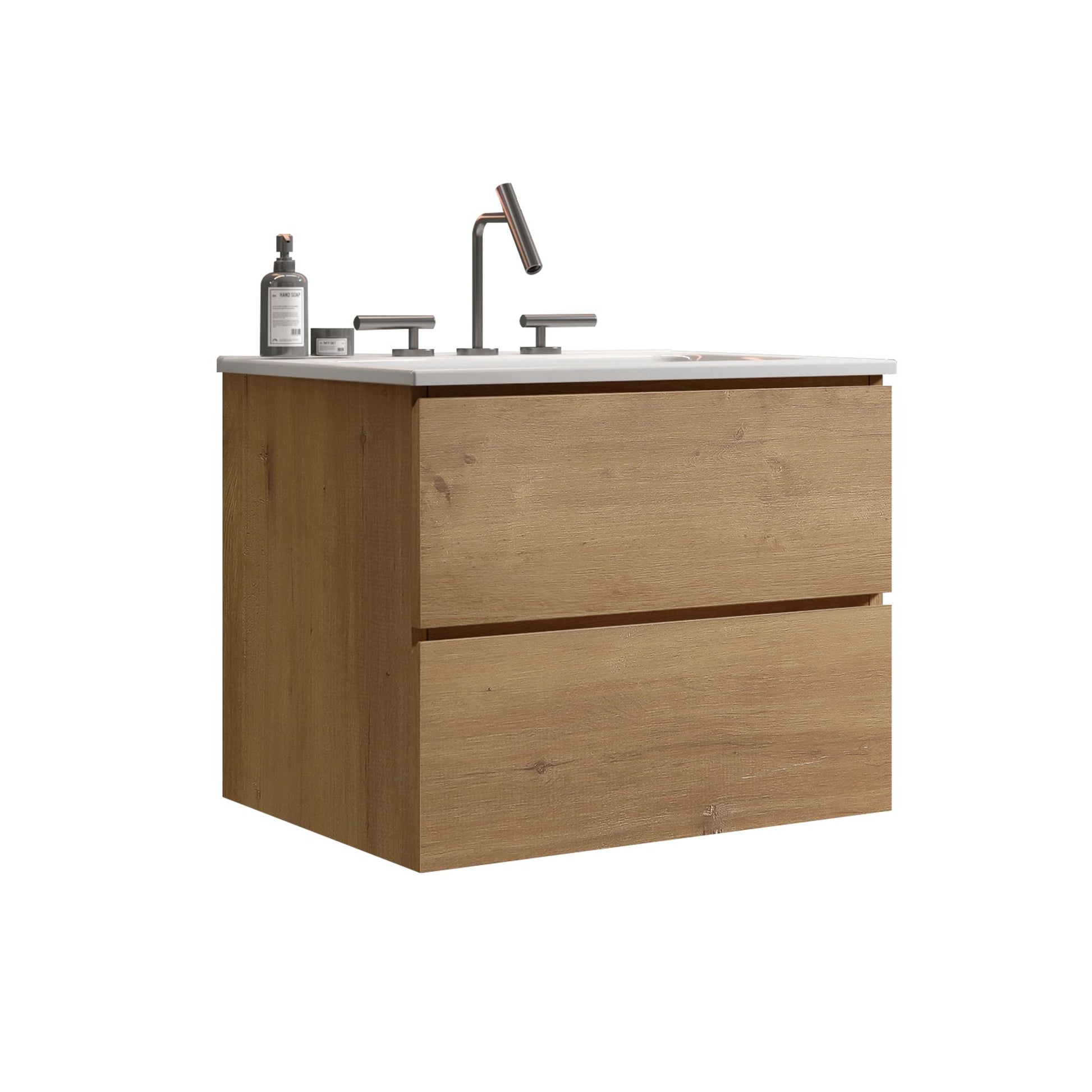 Wall Mount 24" Natural Oak Bathroom Vanity with Ceramic Sink with three faucet holes, Large Storage Floating Bathroom Va image 5