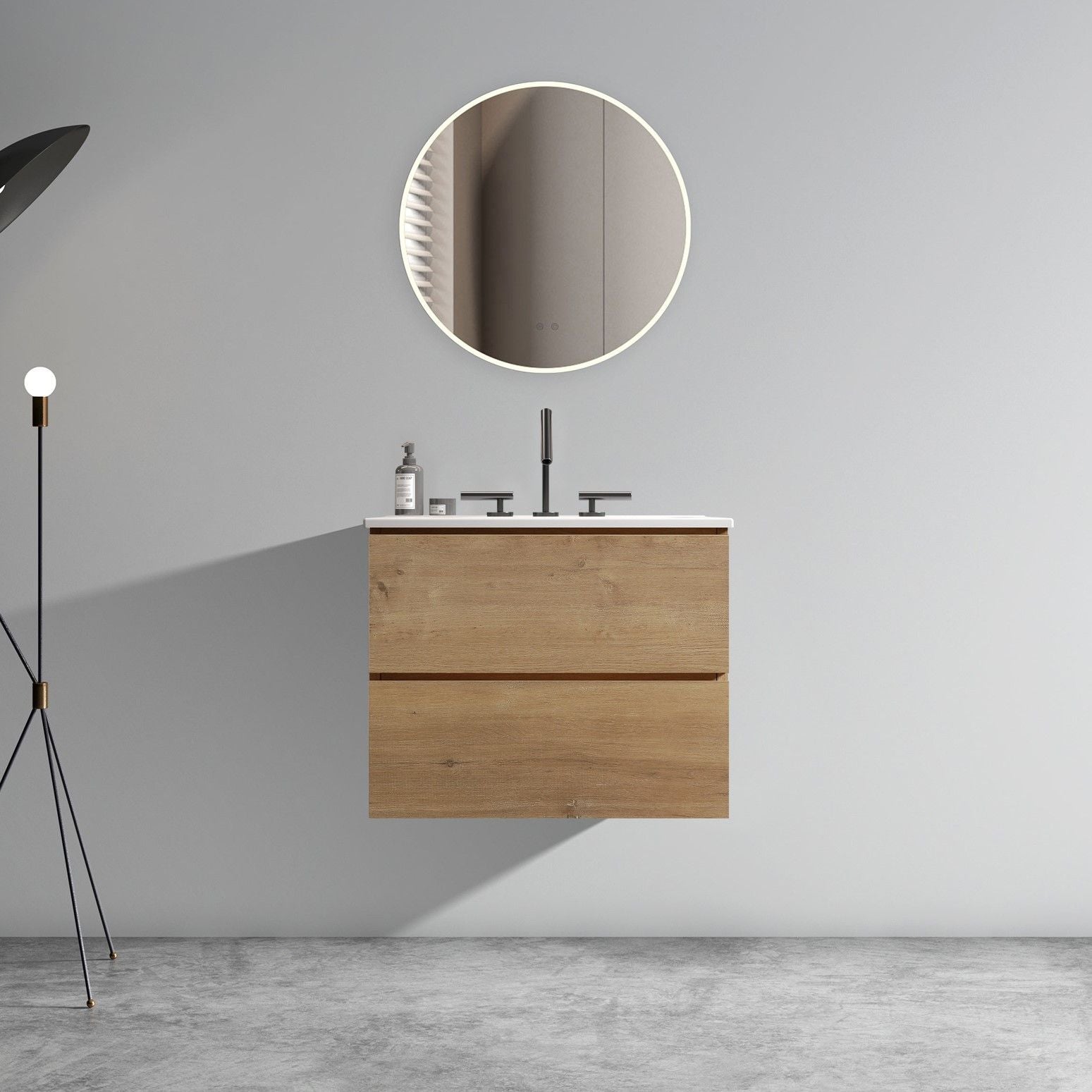 Wall Mount 24" Natural Oak Bathroom Vanity with Ceramic Sink with three faucet holes, Large Storage Floating Bathroom Va image 1
