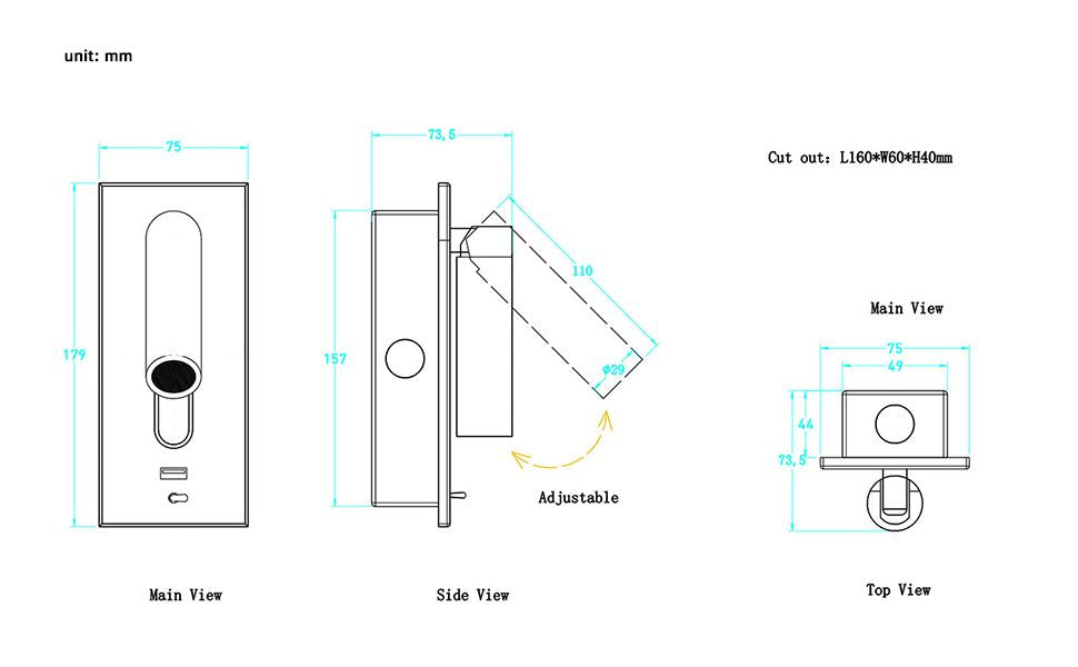 Wall Mounted Reading Light with USB Charge;  4000K Embedded lamp for Bed headboard image 5