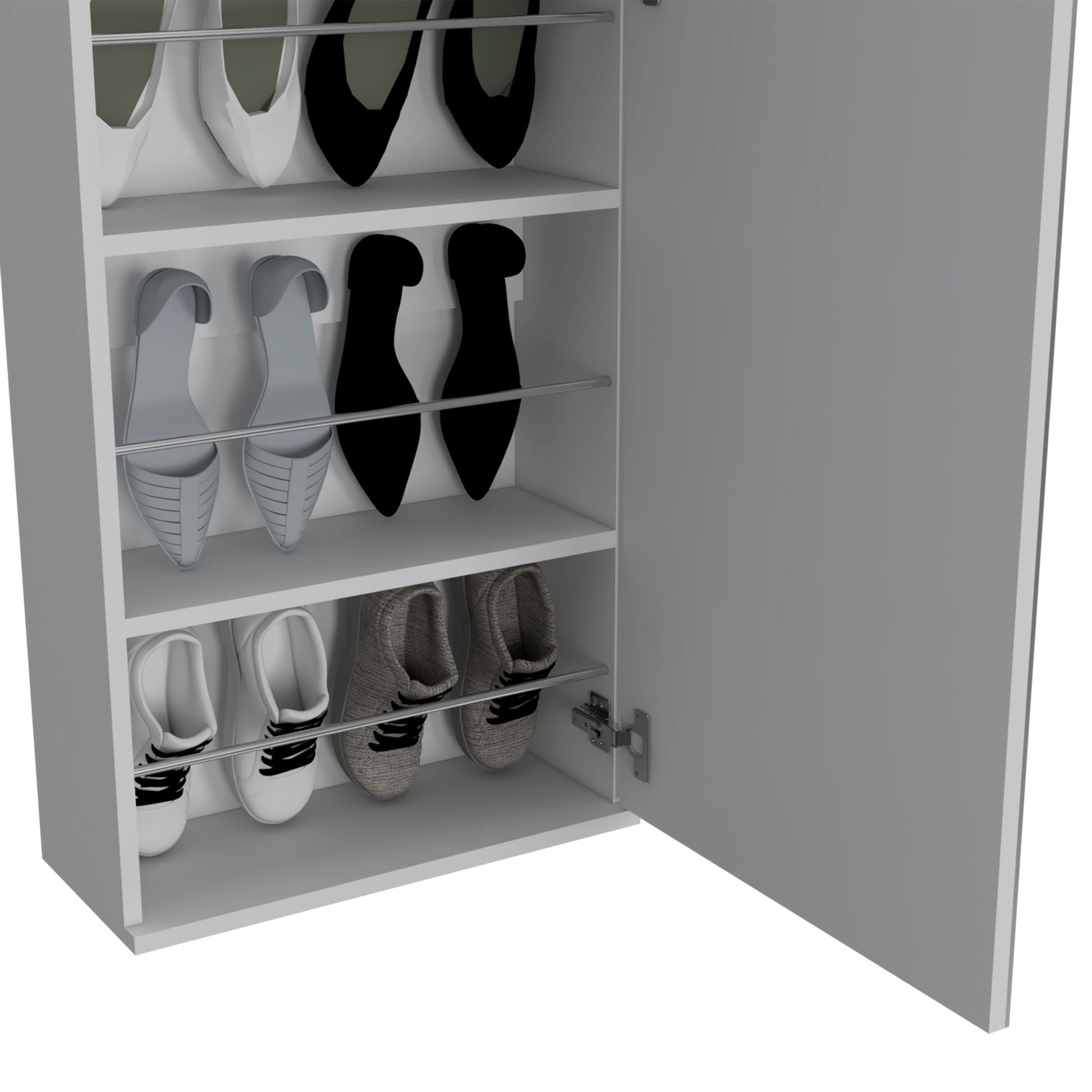 Wall Shoe Rack 54" H, One Mirror, One Door, Five Internal Storage Shelves, Approximate Capacity for Ten Shoes, White image 9