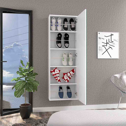 Wall Shoe Rack 54" H, One Mirror, One Door, Five Internal Storage Shelves, Approximate Capacity for Ten Shoes, White image 2