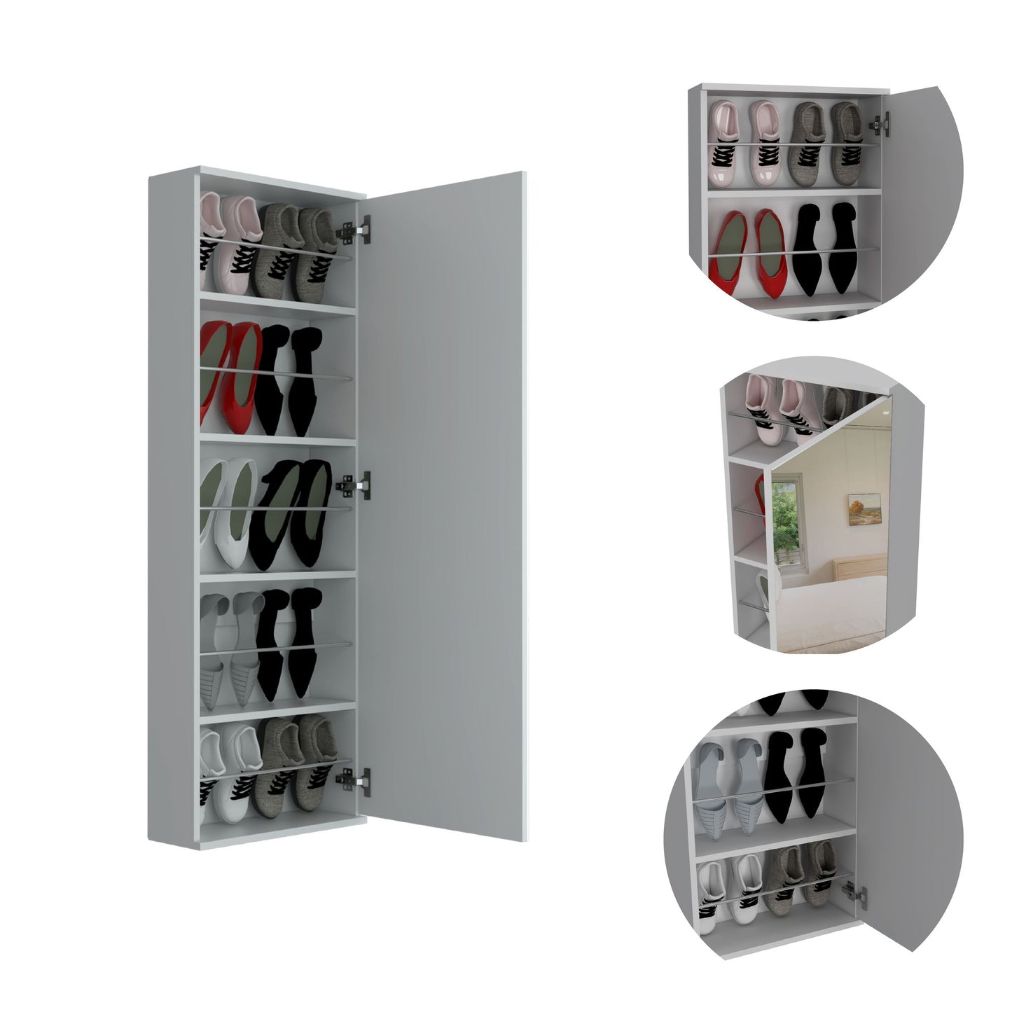 Wall Shoe Rack 54" H, One Mirror, One Door, Five Internal Storage Shelves, Approximate Capacity for Ten Shoes, White image 6