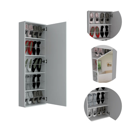Wall Shoe Rack 54" H, One Mirror, One Door, Five Internal Storage Shelves, Approximate Capacity for Ten Shoes, White image 6