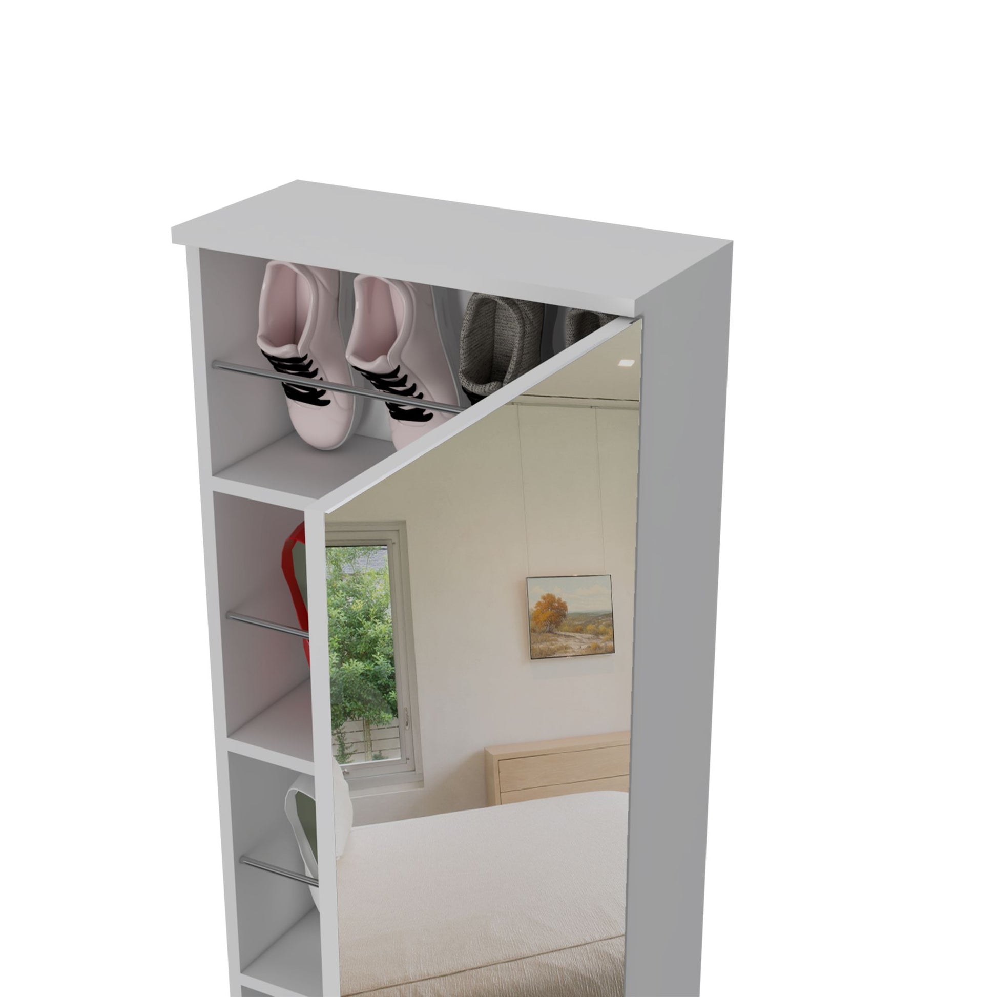 Wall Shoe Rack 54" H, One Mirror, One Door, Five Internal Storage Shelves, Approximate Capacity for Ten Shoes, White image 8