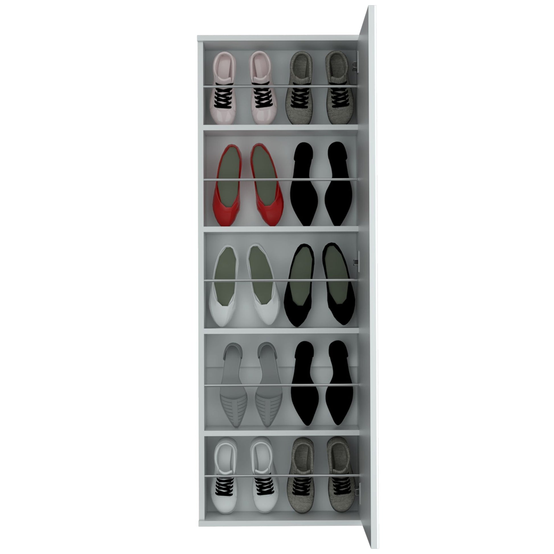 Wall Shoe Rack 54" H, One Mirror, One Door, Five Internal Storage Shelves, Approximate Capacity for Ten Shoes, White image 5