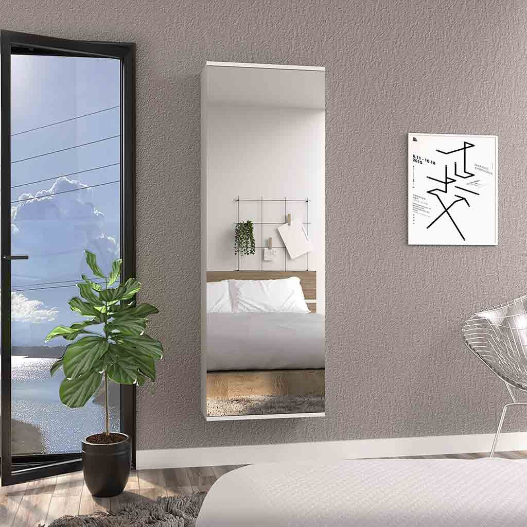Wall Shoe Rack 54" H, One Mirror, One Door, Five Internal Storage Shelves, Approximate Capacity for Ten Shoes, White image 1