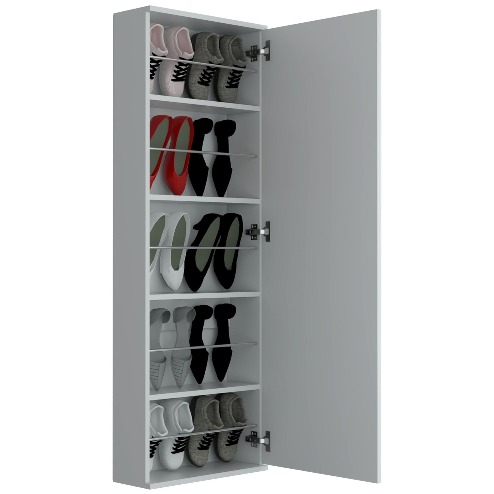 Wall Shoe Rack 54" H, One Mirror, One Door, Five Internal Storage Shelves, Approximate Capacity for Ten Shoes, White image 7