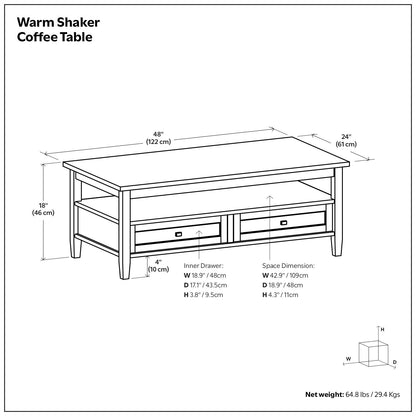 Warm Shaker Solid Wood 48 inch Wide Transitional Coffee Table in Light Golden Brown image 8
