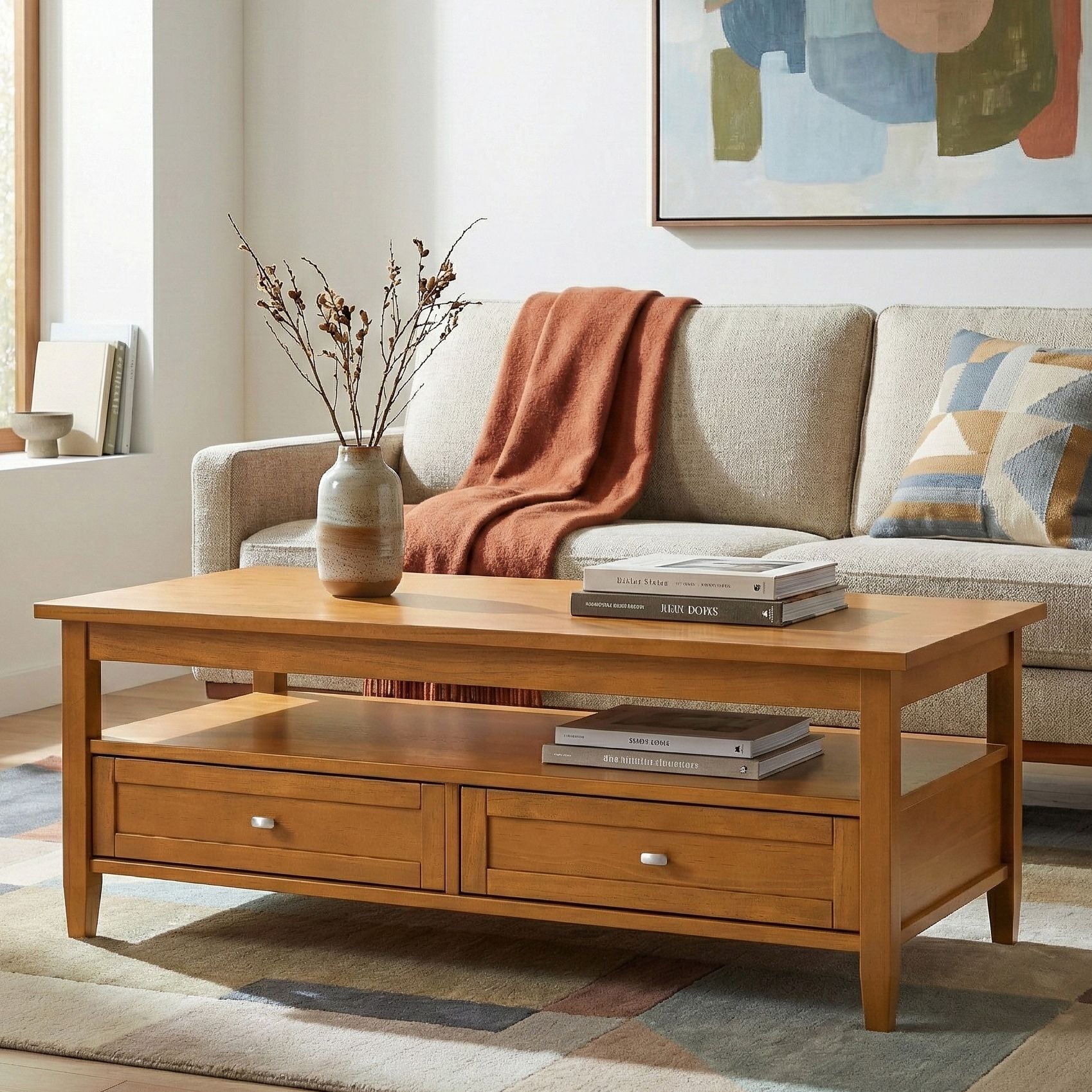 Warm Shaker Solid Wood 48 inch Wide Transitional Coffee Table in Light Golden Brown image 1