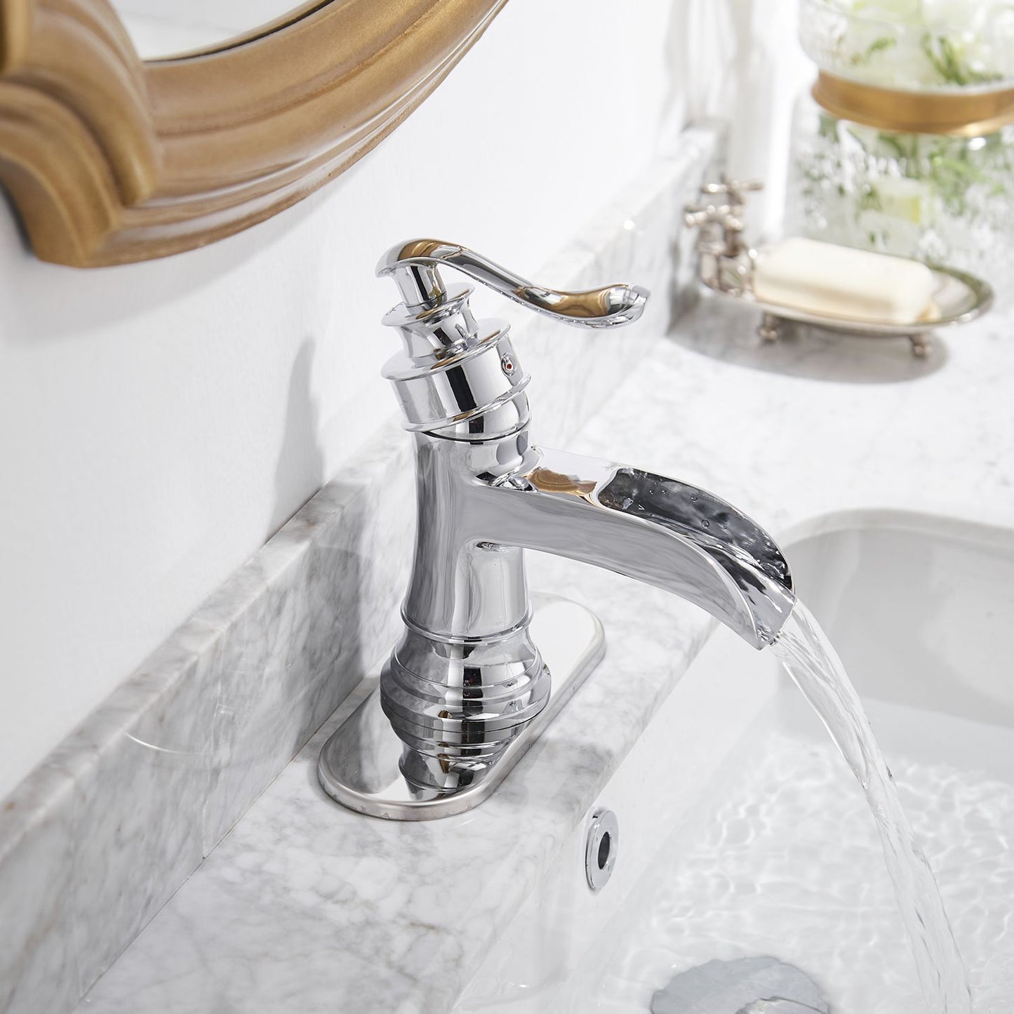 Waterfall Single Hole Single-Handle Low-Arc Bathroom Faucet in Polished Chrome image 1