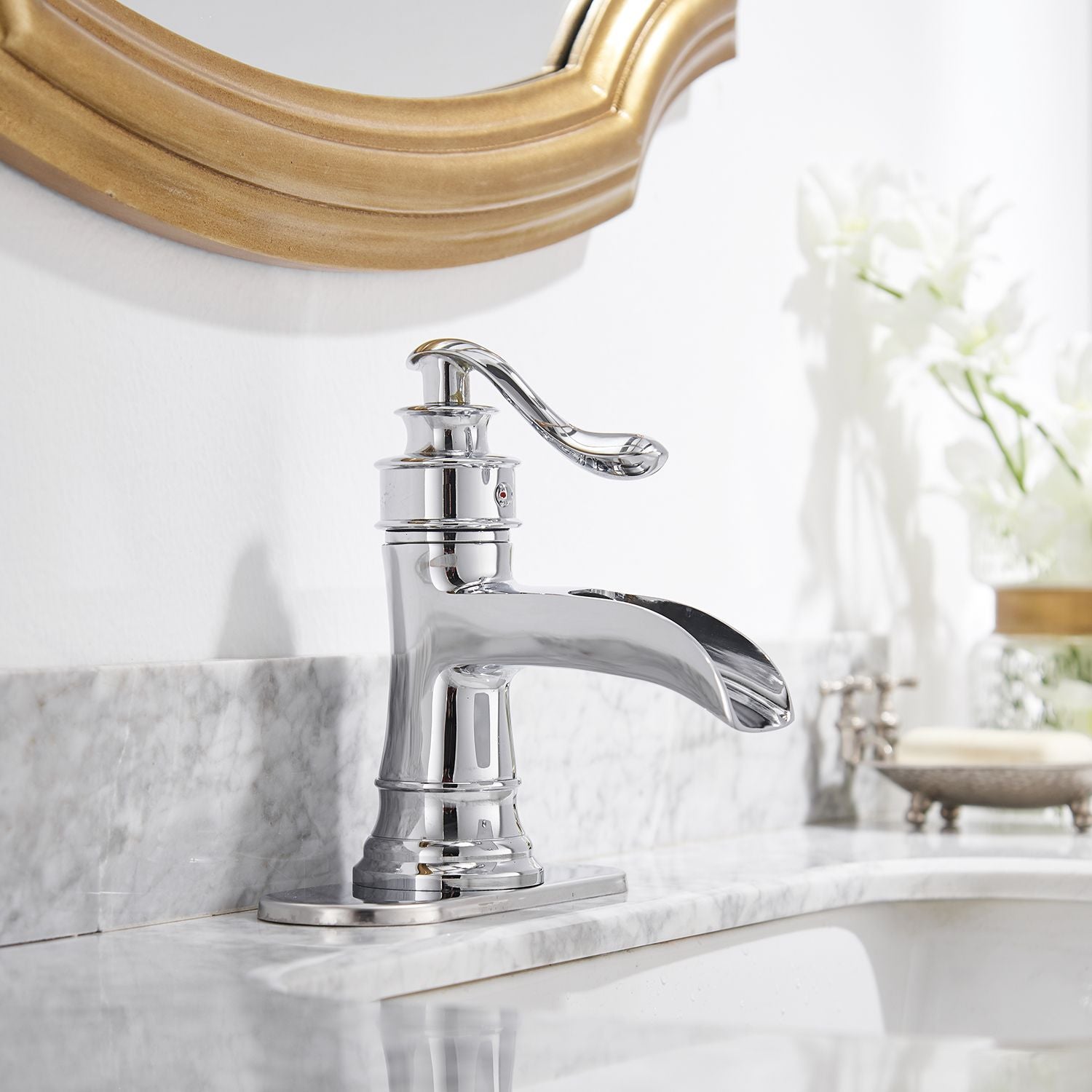 Waterfall Single Hole Single-Handle Low-Arc Bathroom Faucet in Polished Chrome image 5