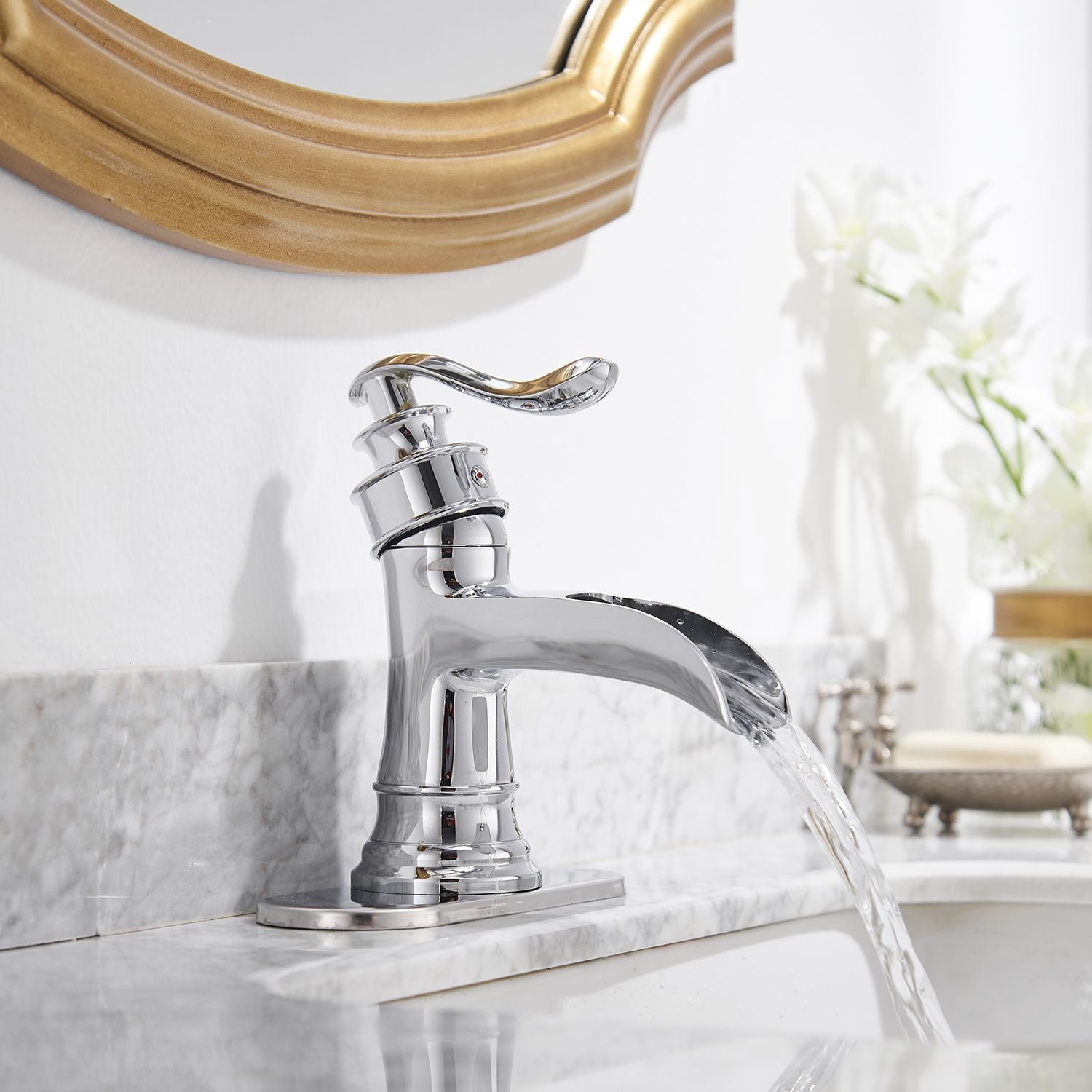 Waterfall Single Hole Single-Handle Low-Arc Bathroom Faucet in Polished Chrome image 4