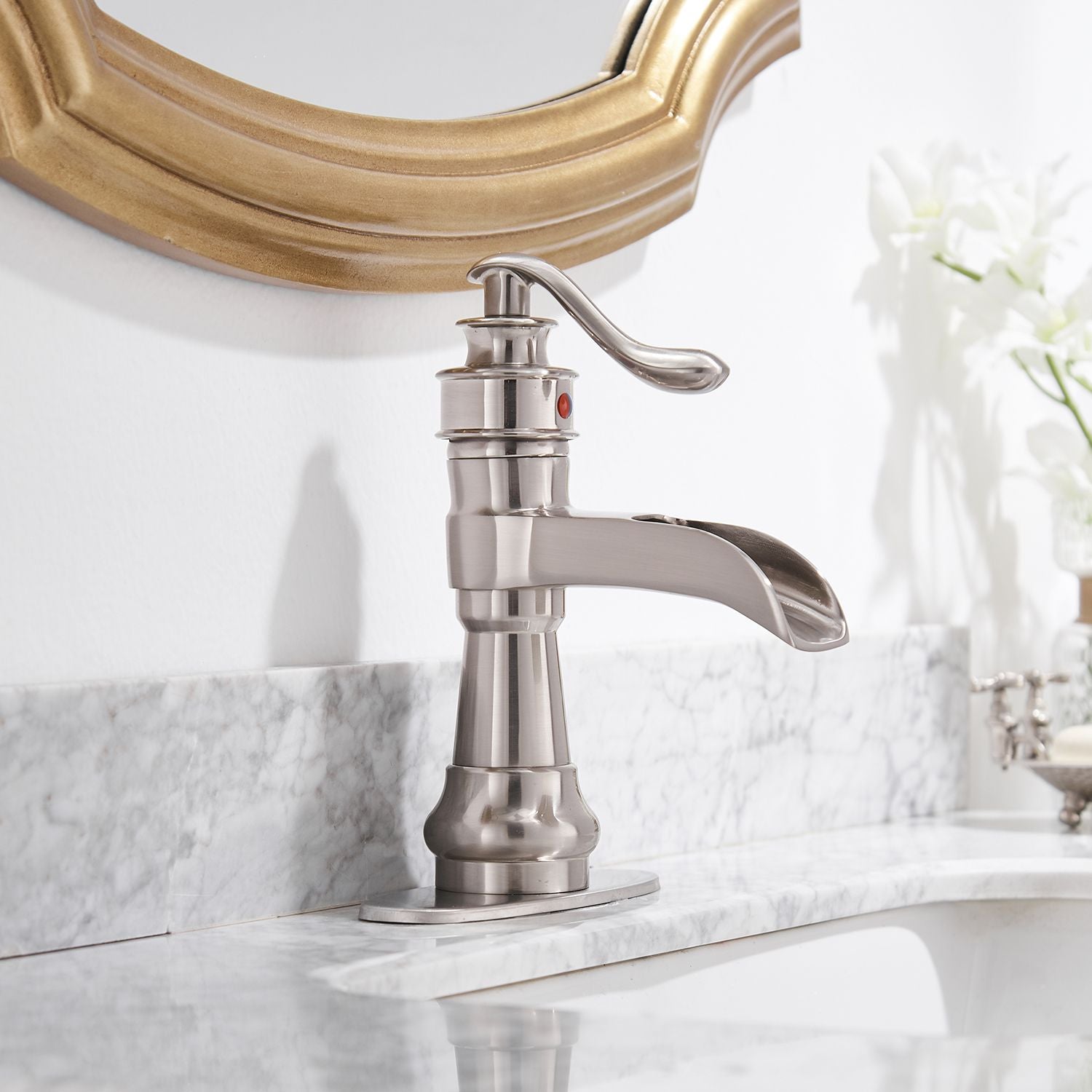 Waterfall Single Hole Single-Handle Low-Arc Bathroom Faucet With Pop-up Drain Assembly in Brushed Nickel image 7