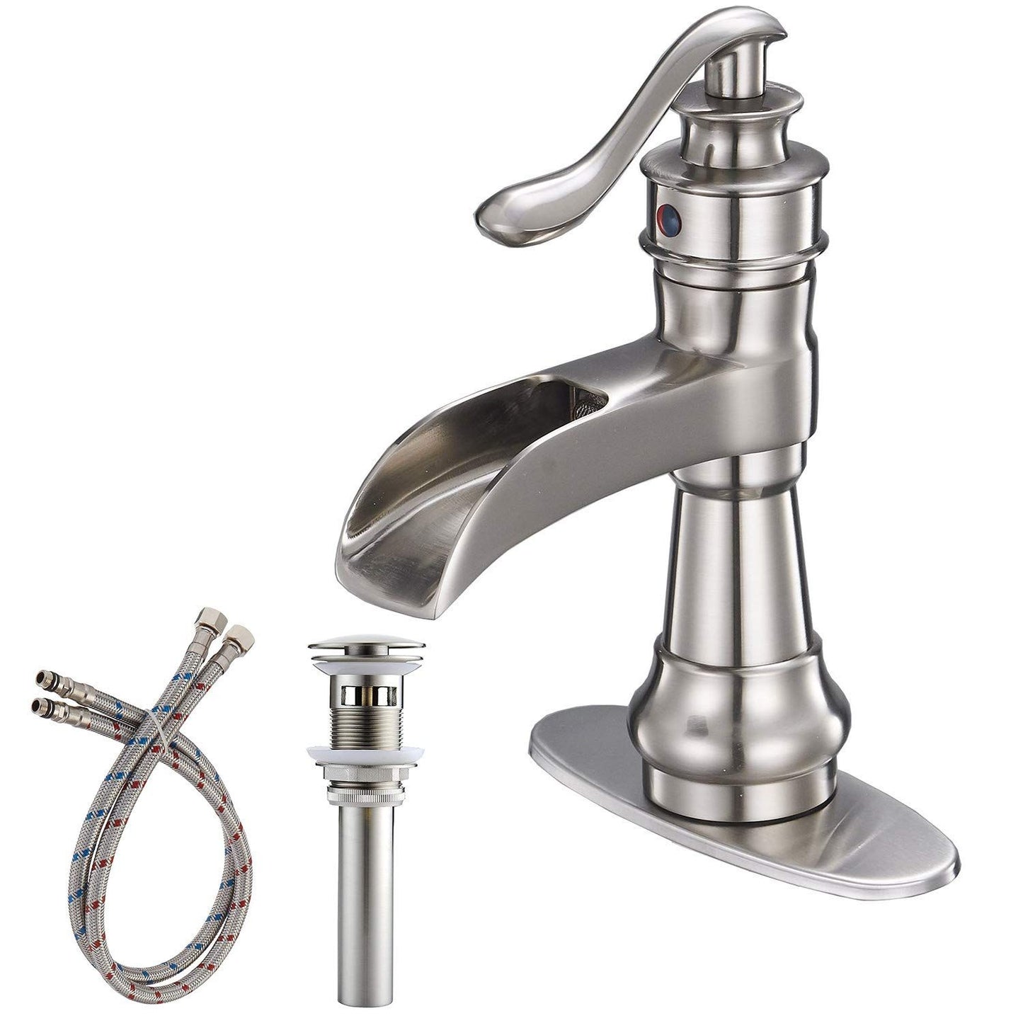 Waterfall Single Hole Single-Handle Low-Arc Bathroom Faucet With Pop-up Drain Assembly in Brushed Nickel image 1