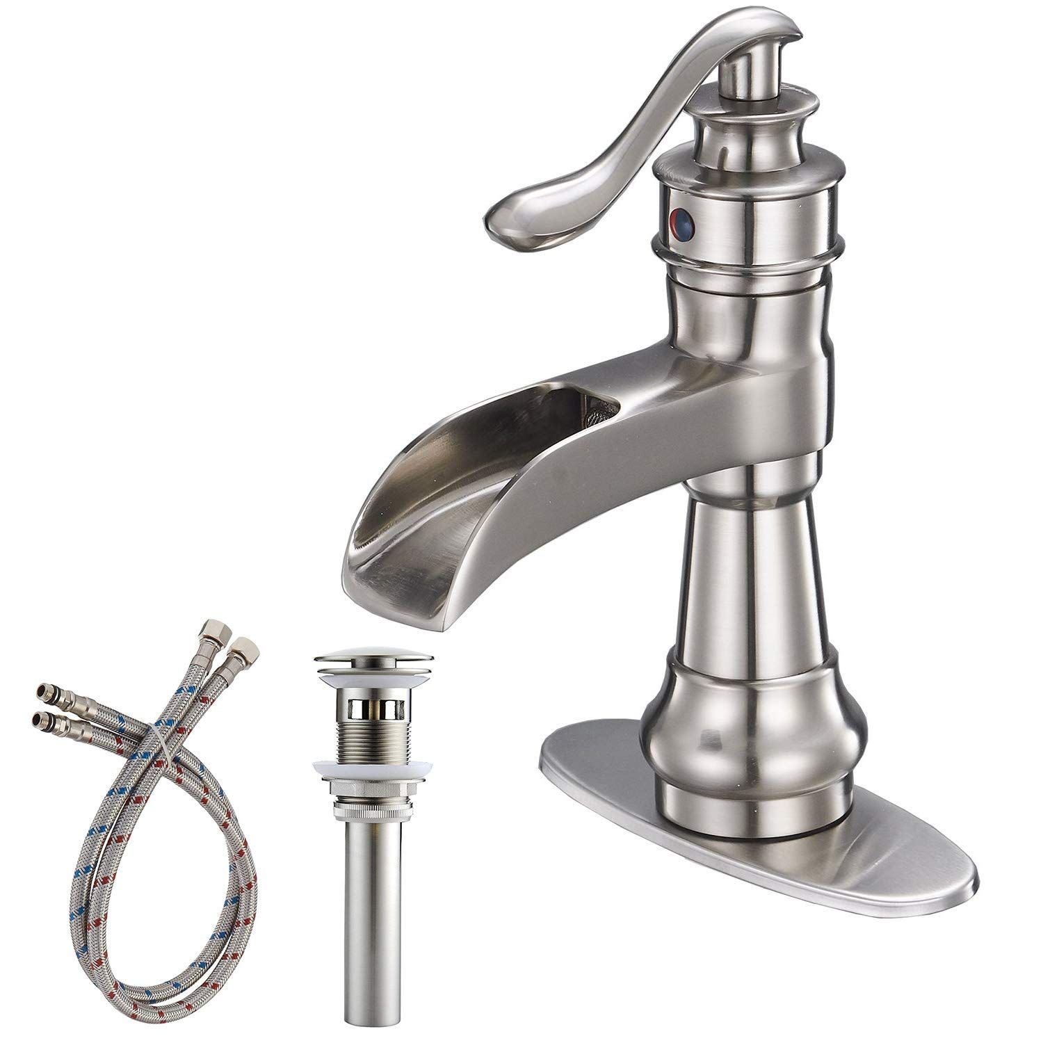 Waterfall Single Hole Single-Handle Low-Arc Bathroom Faucet With Pop-up Drain Assembly in Brushed Nickel image 1