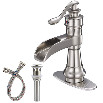 Waterfall Single Hole Single-Handle Low-Arc Bathroom Faucet With Pop-up Drain Assembly in Brushed Nickel image 1