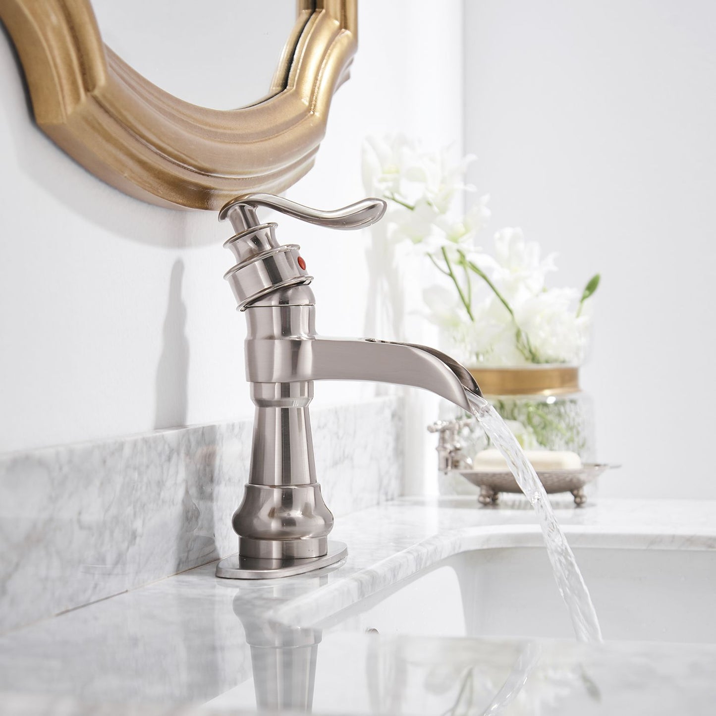 Waterfall Single Hole Single-Handle Low-Arc Bathroom Faucet With Pop-up Drain Assembly in Brushed Nickel image 8