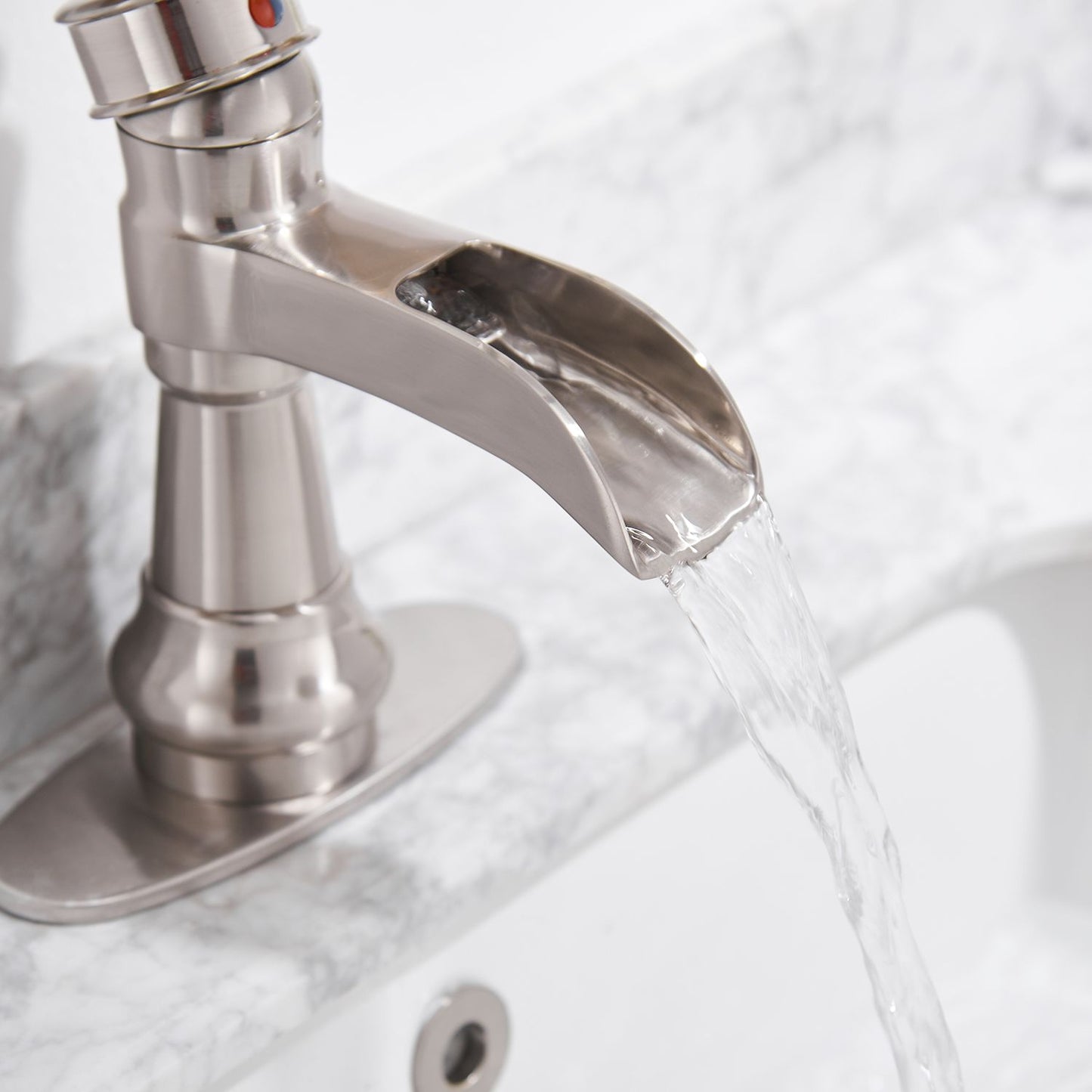 Waterfall Single Hole Single-Handle Low-Arc Bathroom Faucet With Pop-up Drain Assembly in Brushed Nickel image 5