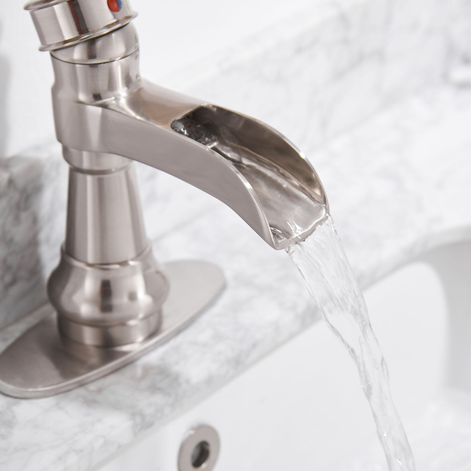 Waterfall Single Hole Single-Handle Low-Arc Bathroom Faucet With Pop-up Drain Assembly in Brushed Nickel image 5