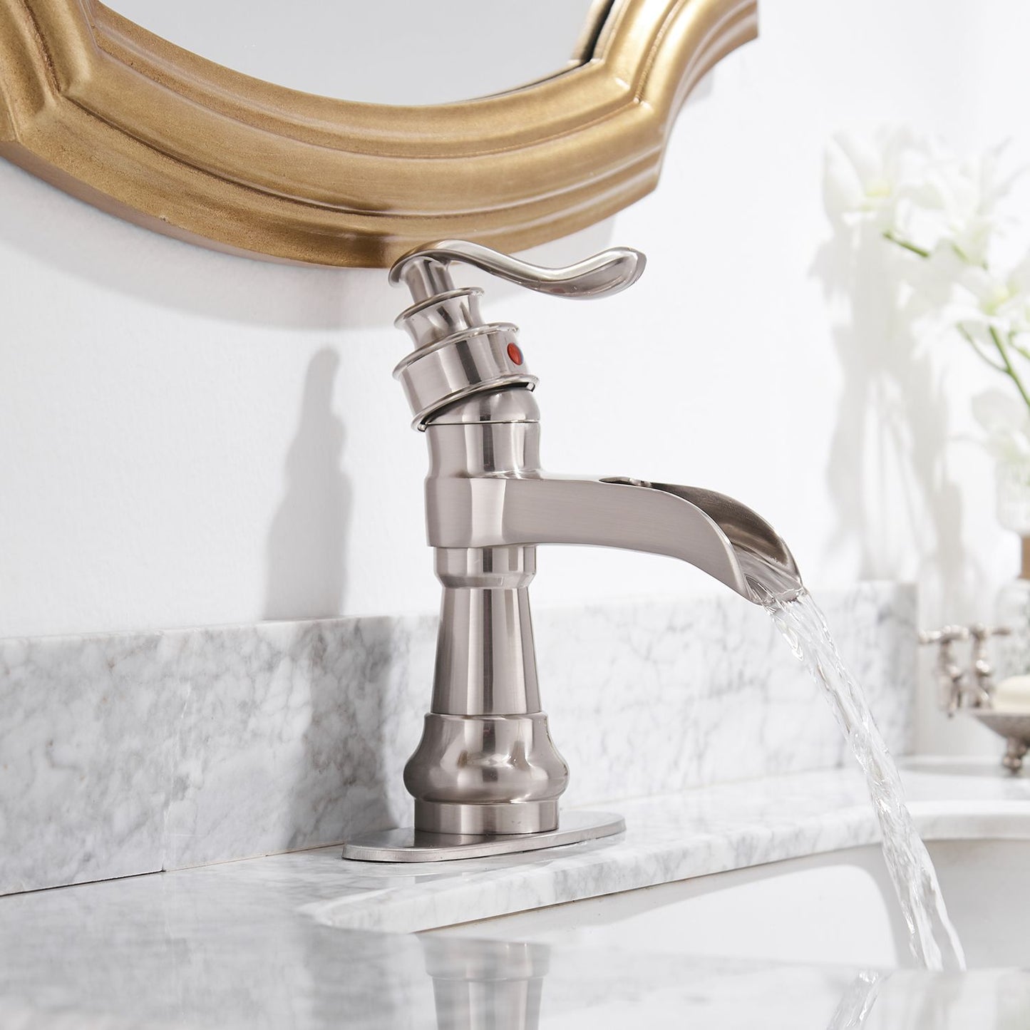 Waterfall Single Hole Single-Handle Low-Arc Bathroom Faucet With Pop-up Drain Assembly in Brushed Nickel image 6