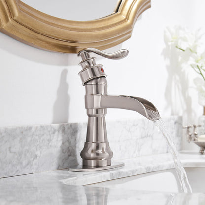 Waterfall Single Hole Single-Handle Low-Arc Bathroom Faucet With Pop-up Drain Assembly in Brushed Nickel image 6