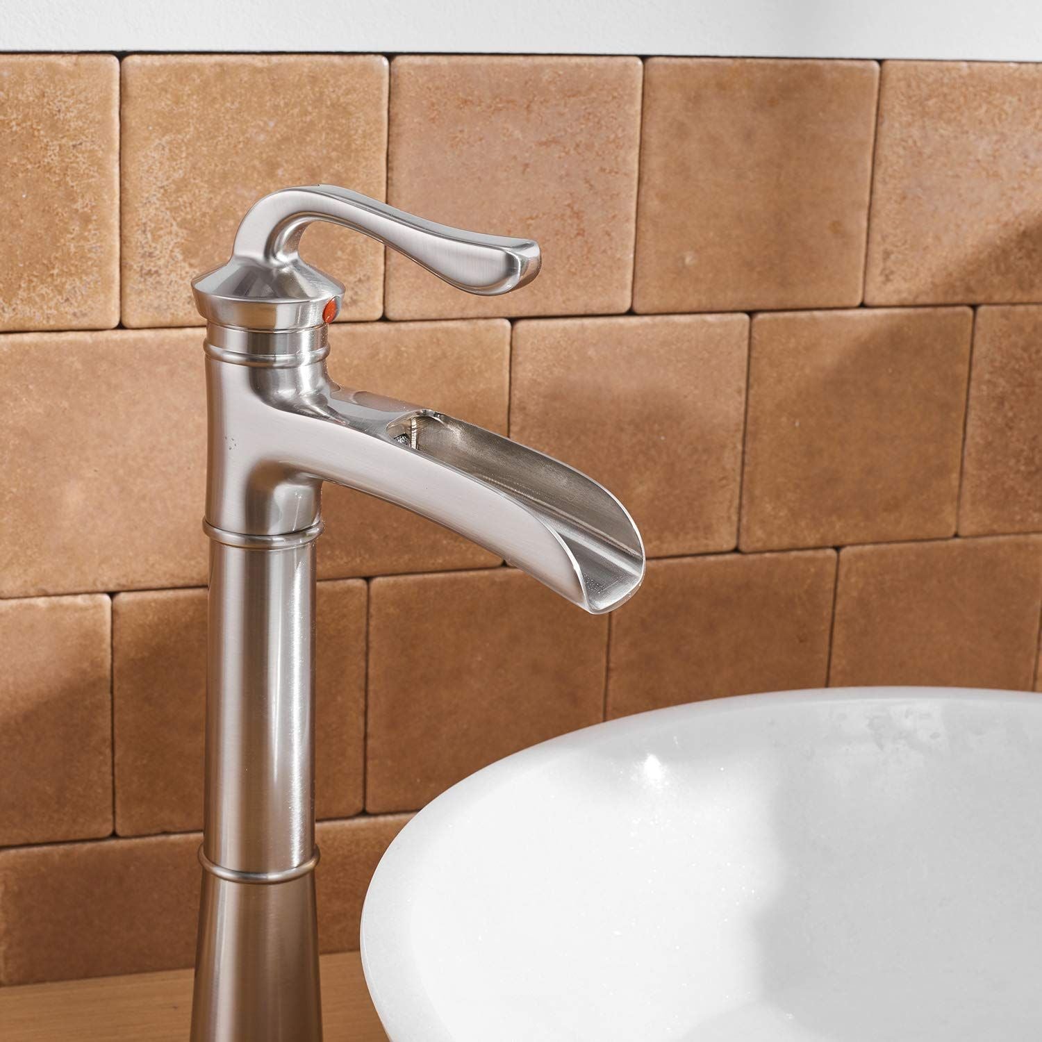 Waterfall Single Hole Single-Handle Vessel Bathroom Faucet With Pop-up Drain Assembly in Brushed Nickel image 4