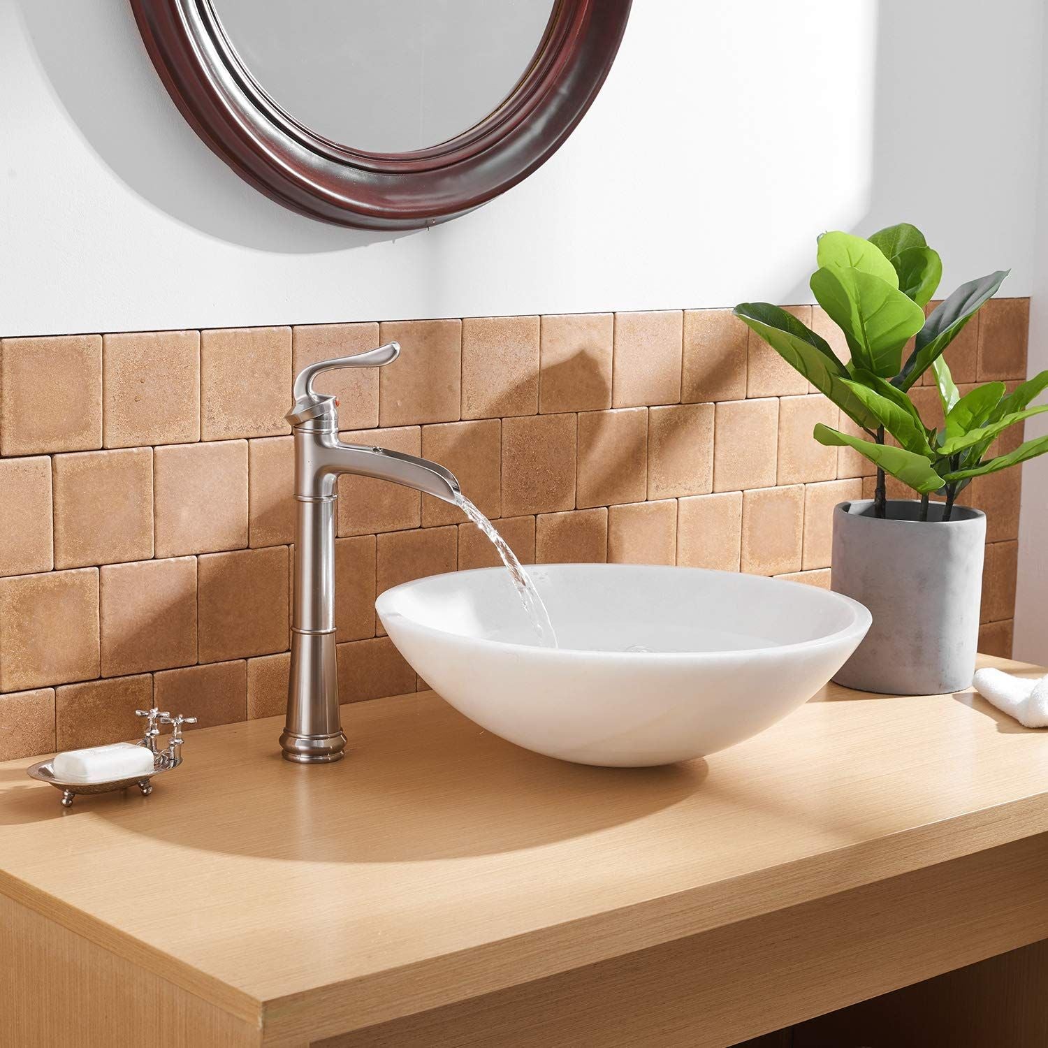 Waterfall Single Hole Single-Handle Vessel Bathroom Faucet With Pop-up Drain Assembly in Brushed Nickel image 5