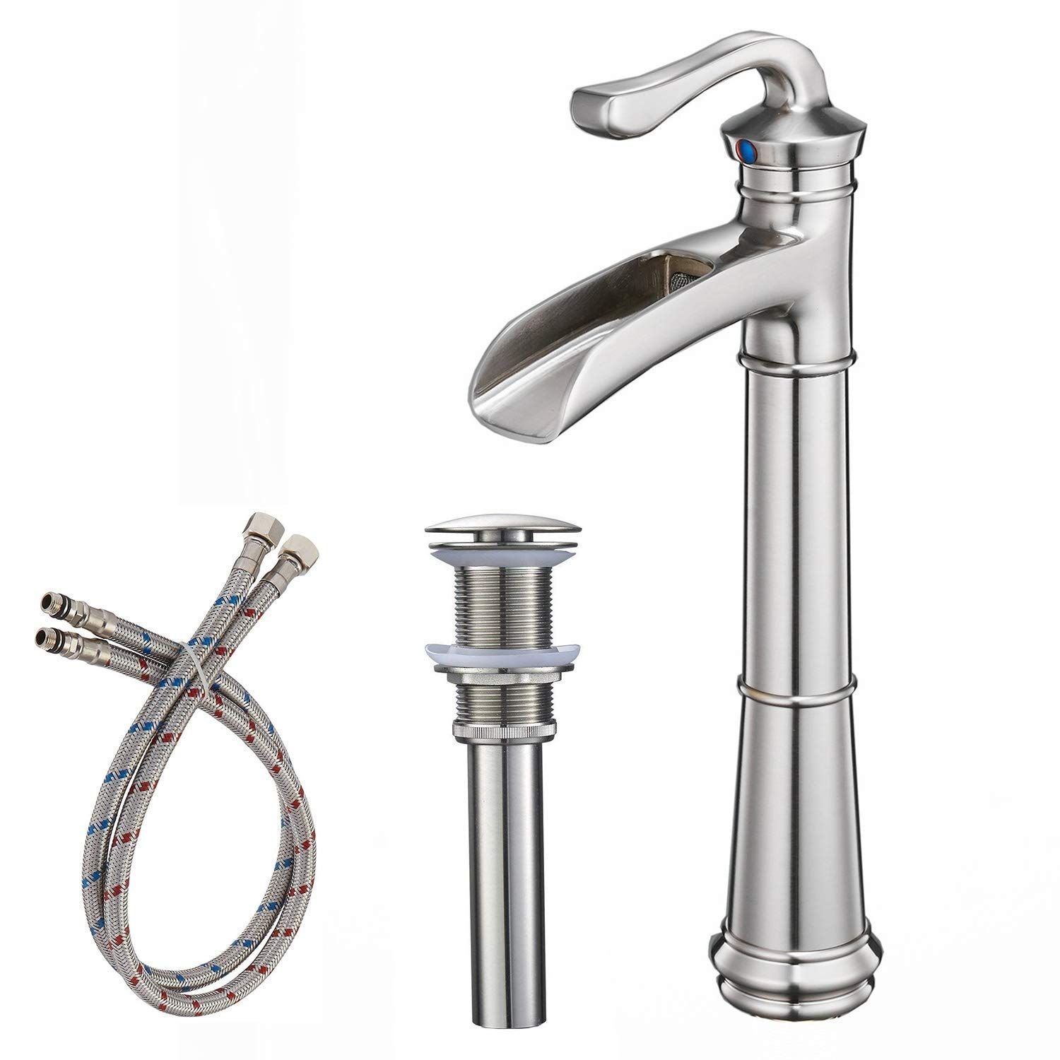 Waterfall Single Hole Single-Handle Vessel Bathroom Faucet With Pop-up Drain Assembly in Brushed Nickel image 1