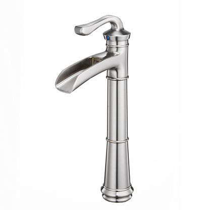 Waterfall Single Hole Single-Handle Vessel Bathroom Faucet With Pop-up Drain Assembly in Brushed Nickel image 3