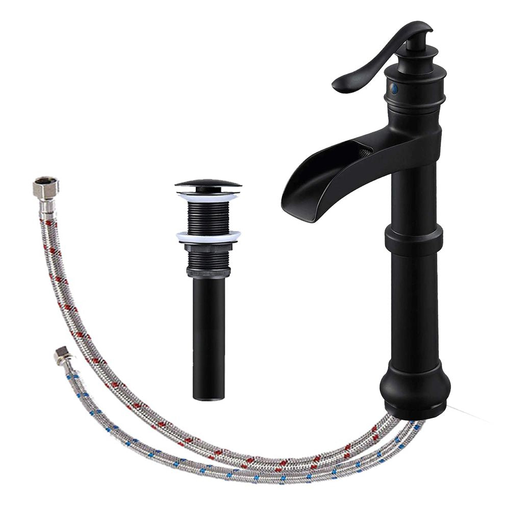 Waterfall Single Hole Single-Handle Vessel Bathroom Faucet With Pop-up Drain in Matte Black And Oil Rubbed Bronze image 1