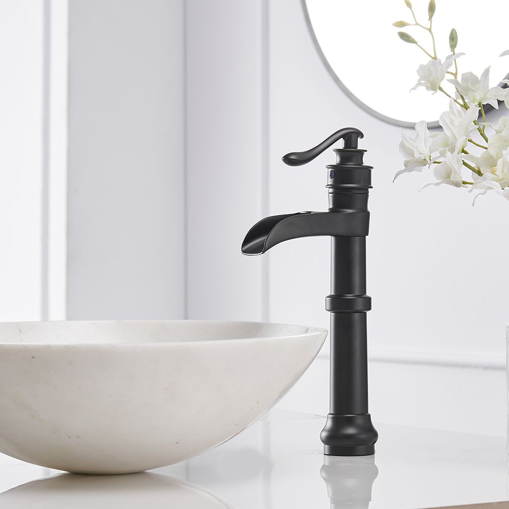 Waterfall Single Hole Single-Handle Vessel Bathroom Faucet With Pop-up Drain in Matte Black And Oil Rubbed Bronze image 2