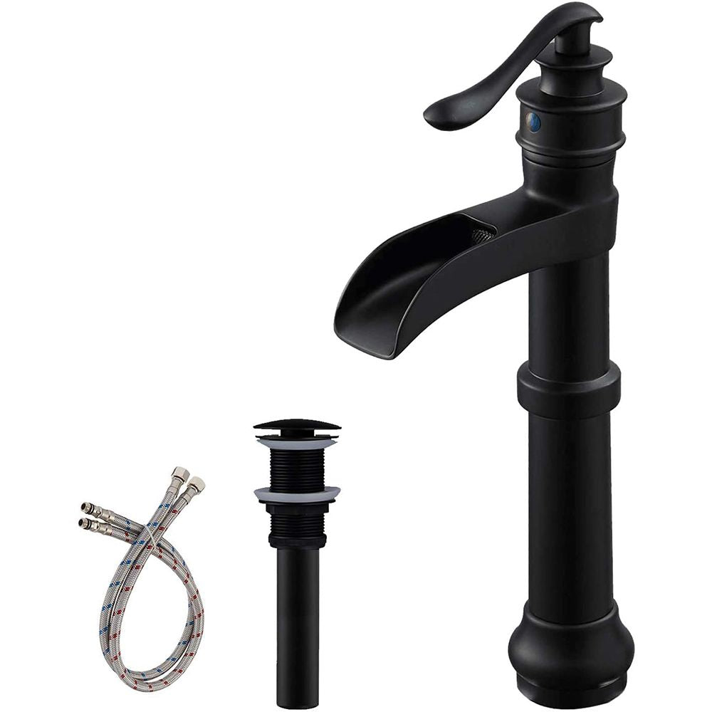 Waterfall Single Hole Single-Handle Vessel Bathroom Faucet With Pop-up Drain in Matte Black And Oil Rubbed Bronze image 5