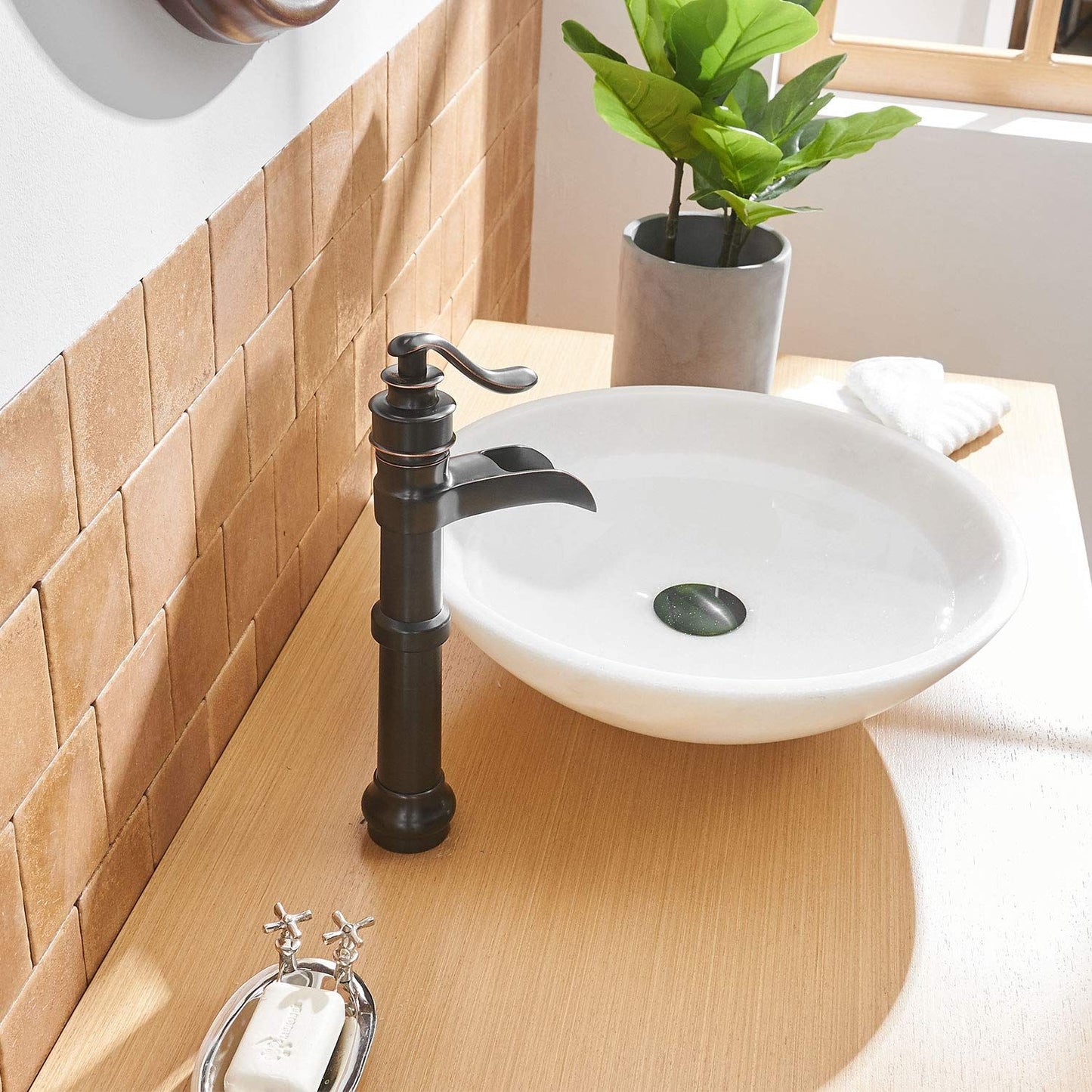 Waterfall Single Hole Single-Handle Vessel Bathroom Faucet With Pop-up Drain in Matte Black And Oil Rubbed Bronze image 8