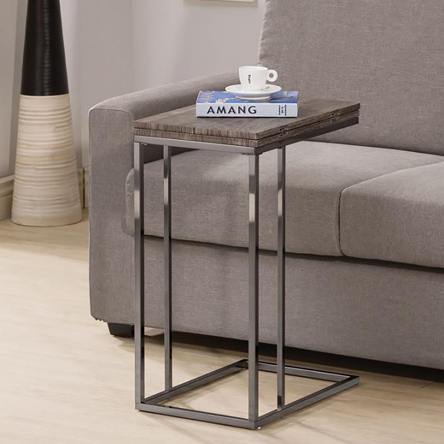 Weathered Grey and Black Snack Table with Expandable Top image 1