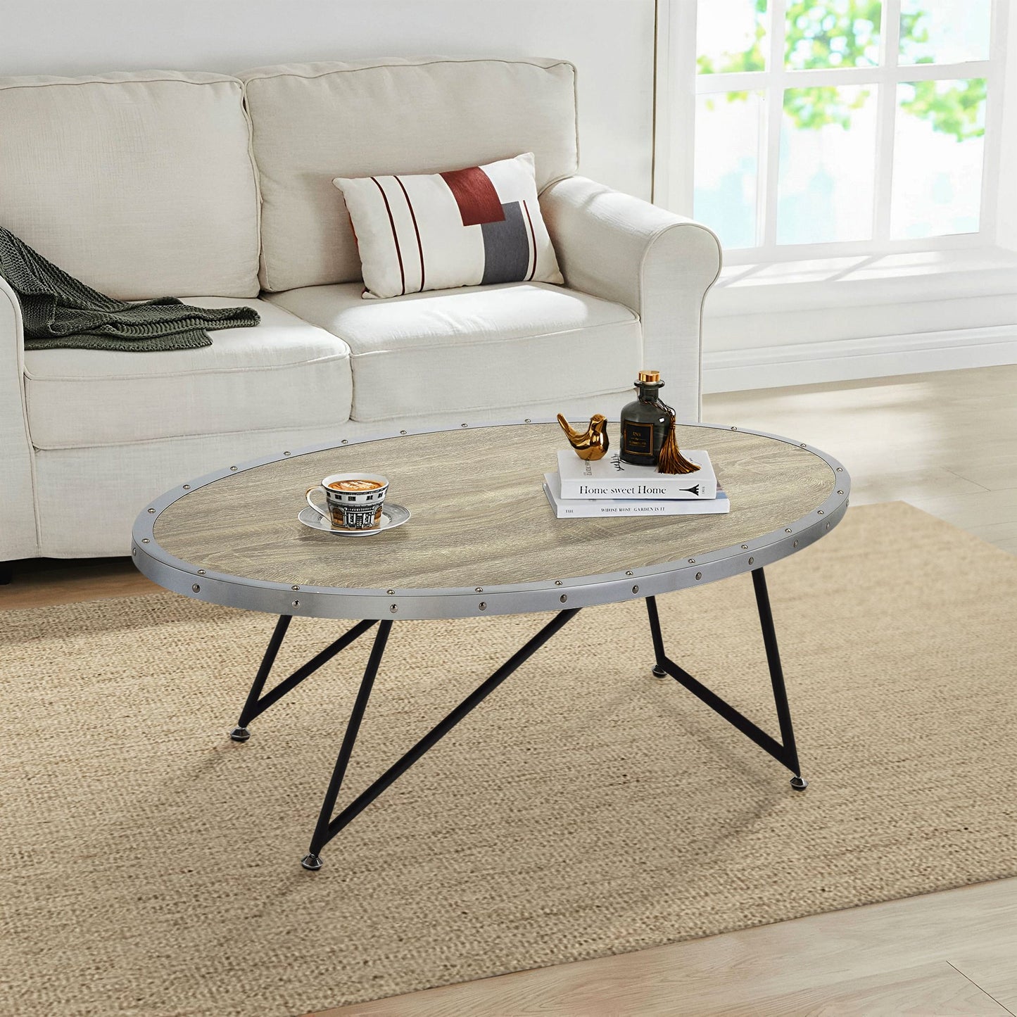 Weathered Grey Oak and Black Oval Coffee Table image 1