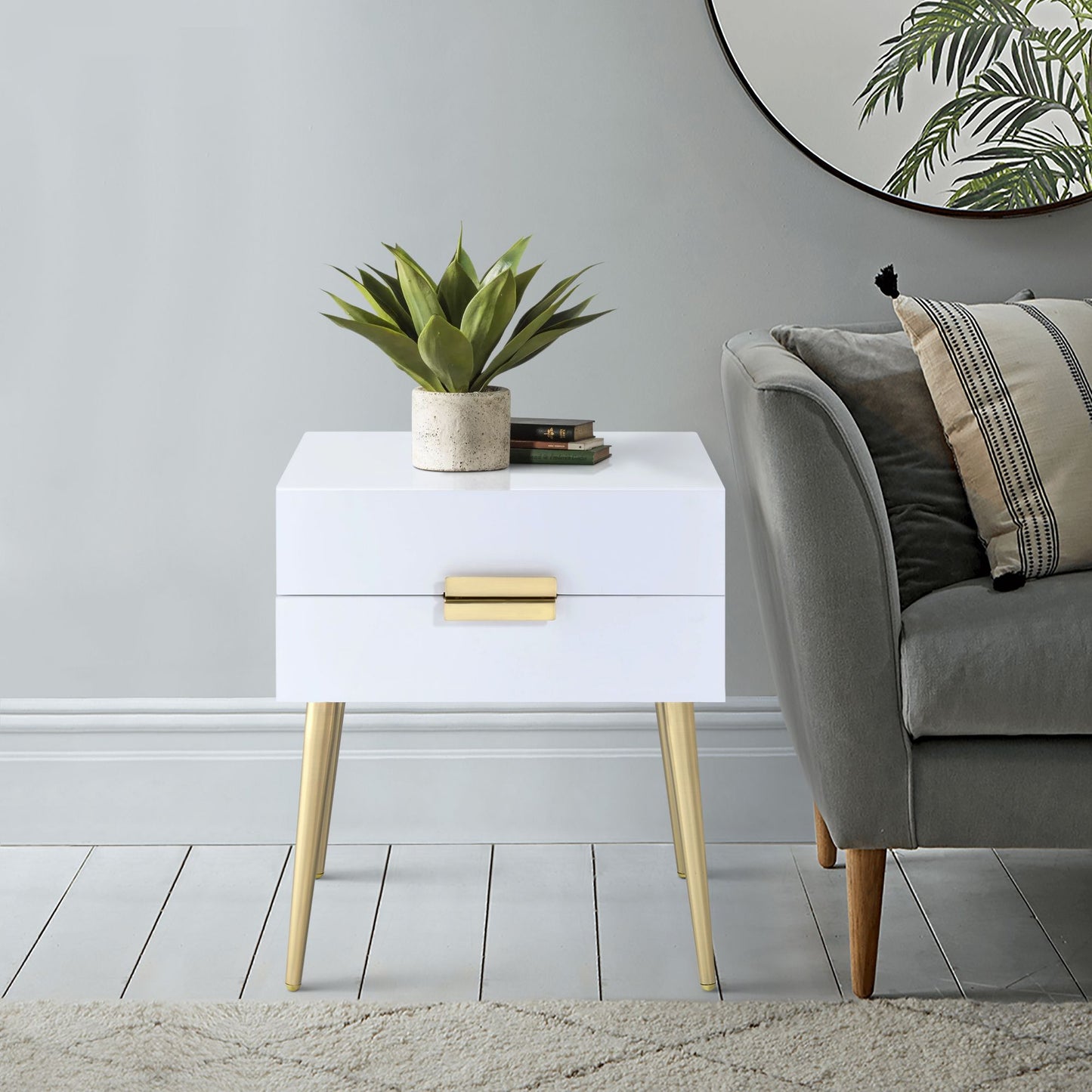 White and Gold Side Table with 2 Drawer image 1