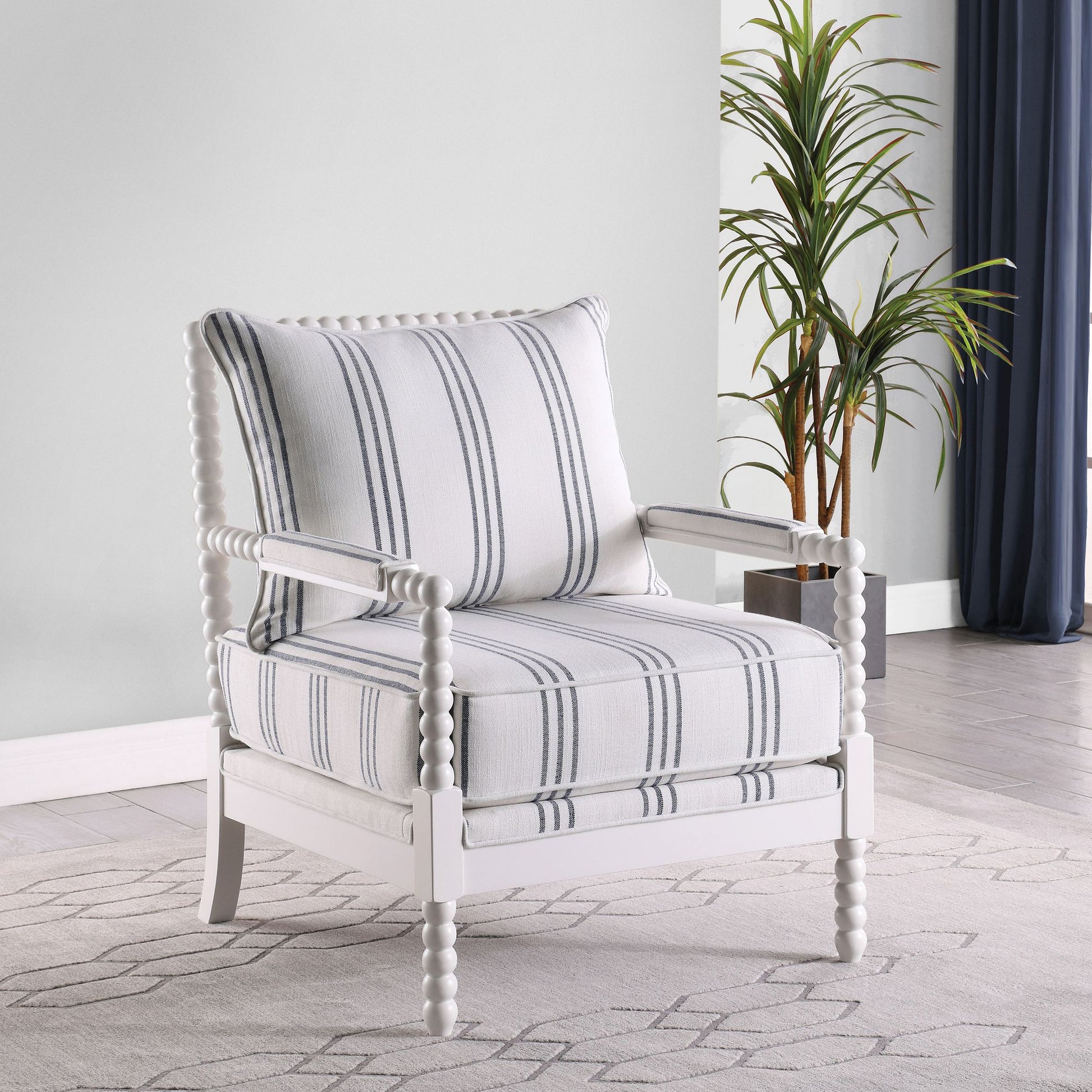 White and Navy Upholstered Stripe Accent Chair image 1